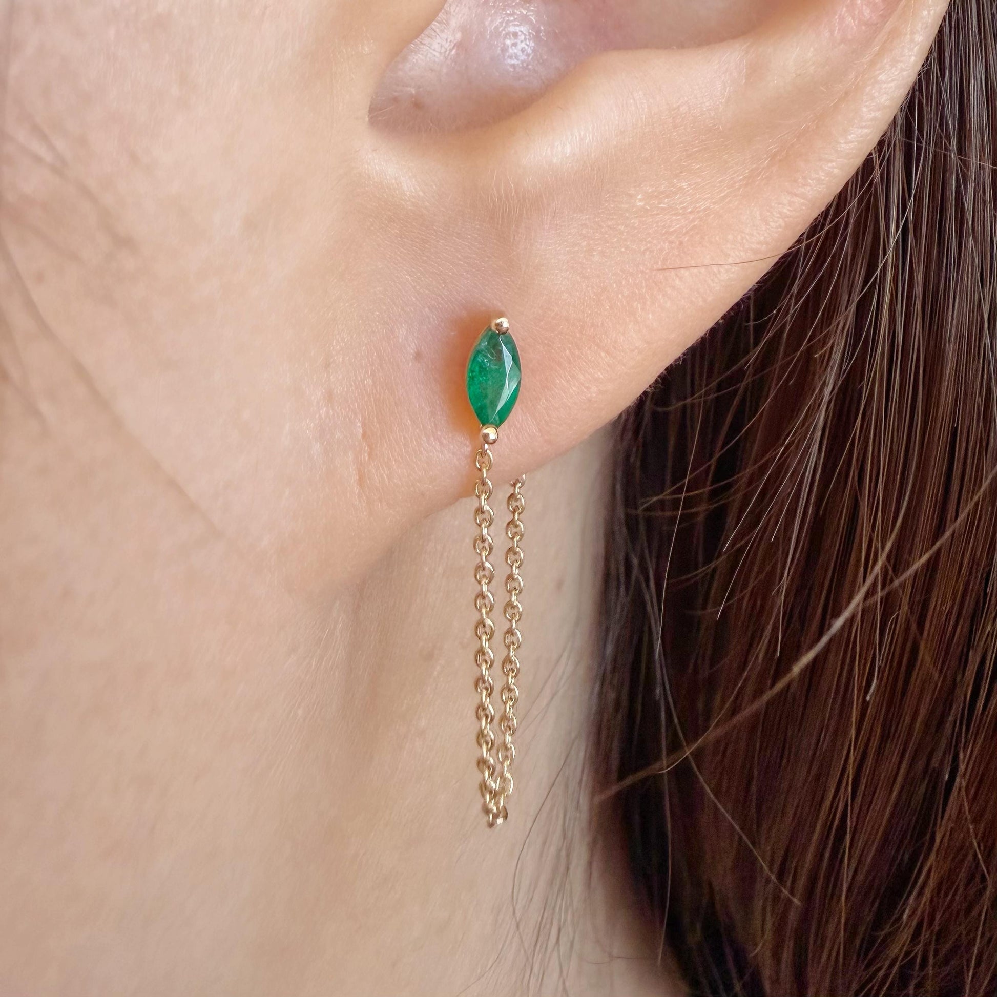 14K Solid Gold Genuine Marquise Emerald Chain Earrings/Pair