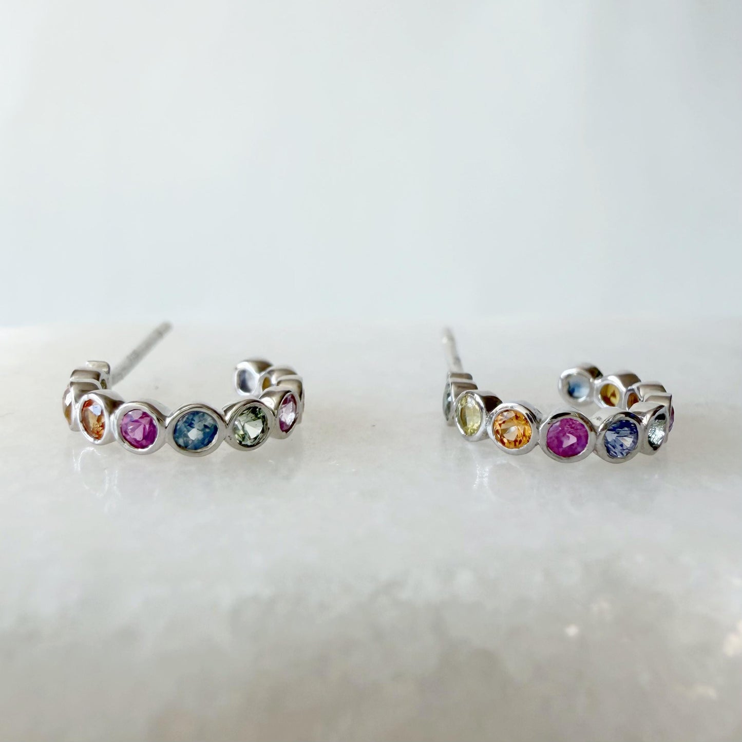 18K Solid White Gold Genuine Color Sapphire Bezel Half Huggies/Pair