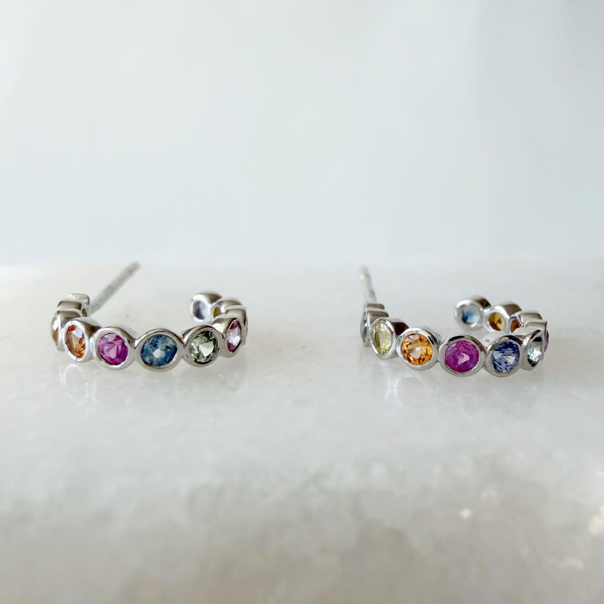 18K Solid White Gold Genuine Color Sapphire Bezel Half Huggies/Pair