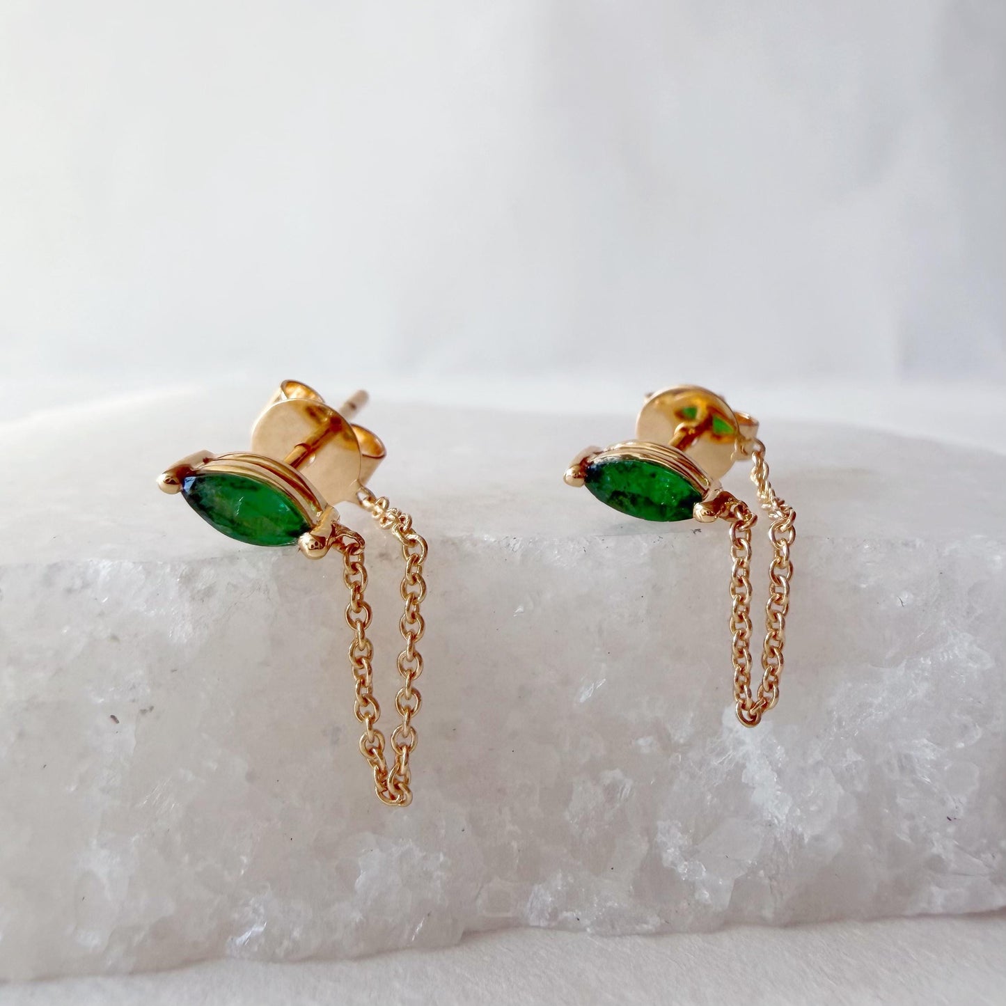 14K Solid Gold Genuine Marquise Emerald Chain Earrings/Pair