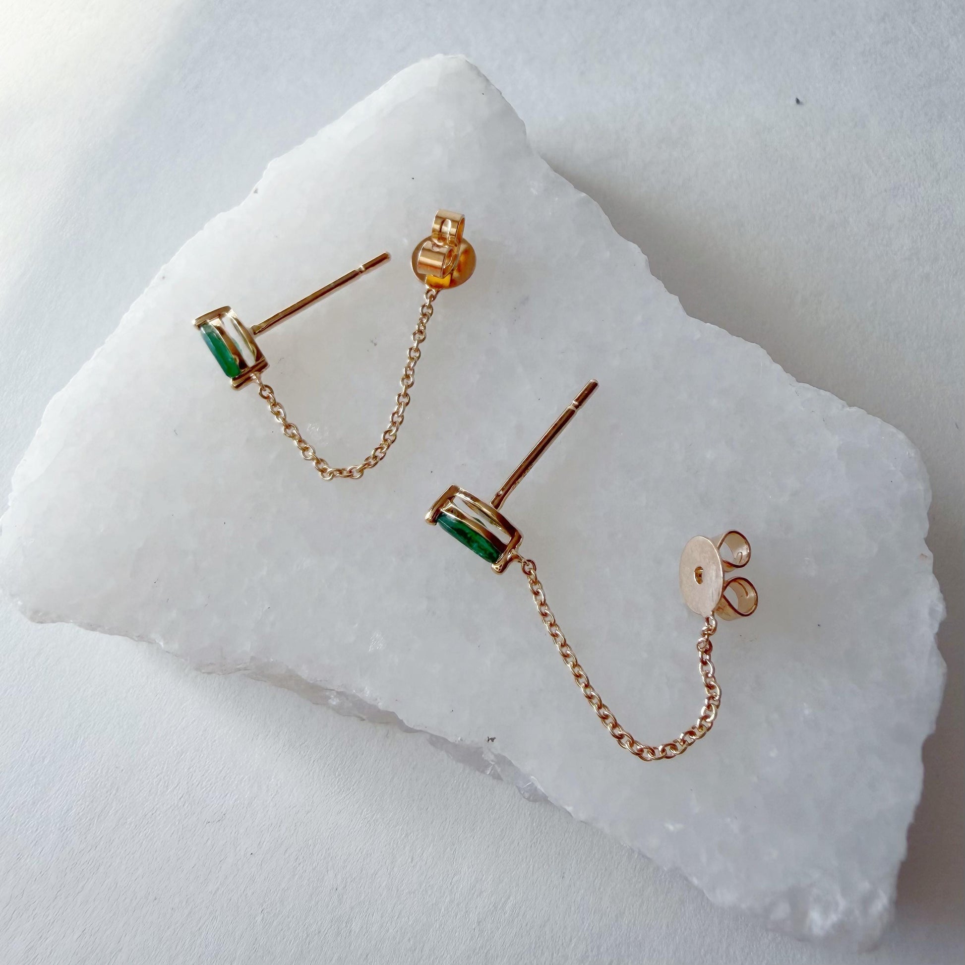14K Solid Gold Genuine Marquise Emerald Chain Earrings/Pair