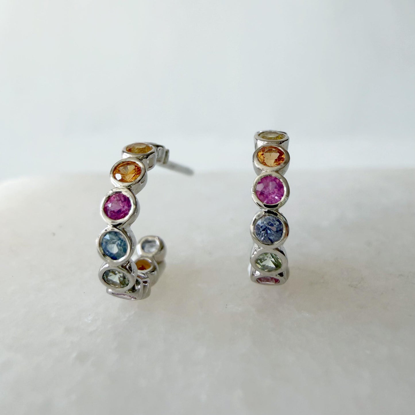 18K Solid White Gold Genuine Color Sapphire Bezel Half Huggies/Pair