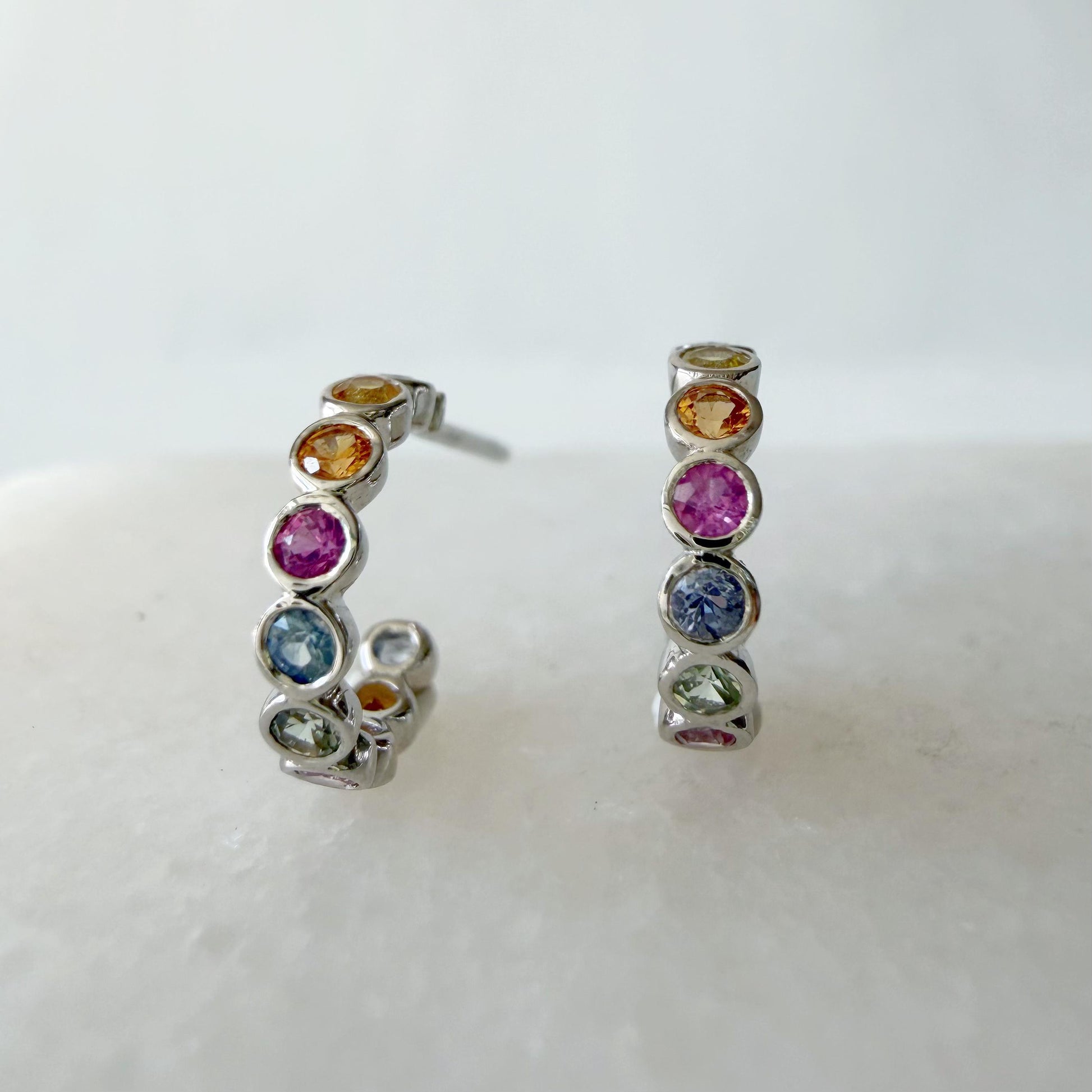 18K Solid White Gold Genuine Color Sapphire Bezel Half Huggies/Pair