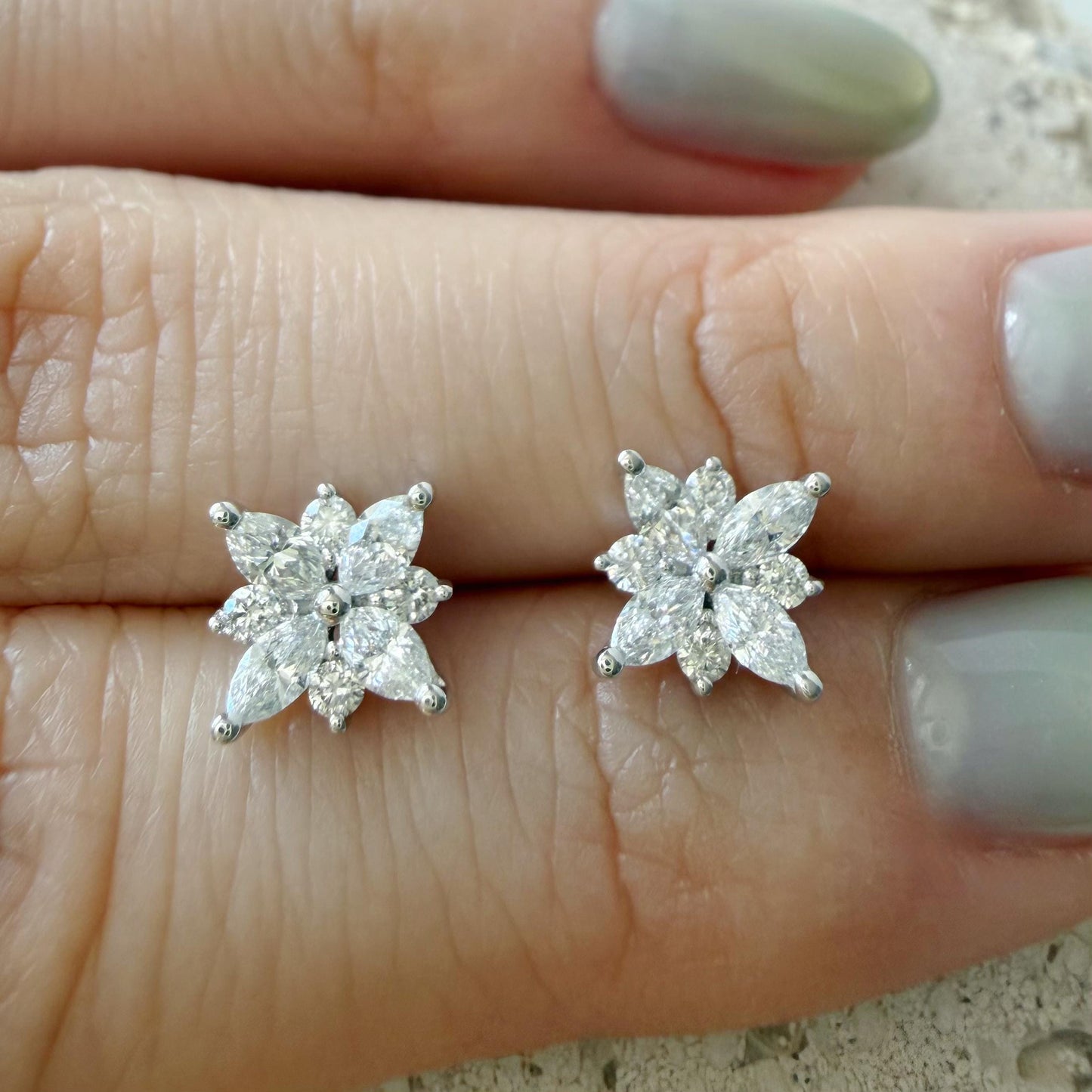 18K White Gold Natural Diamond Flower Stud Earrings | Marquise Cluster Diamond Studs | Floral Fine Jewelry Gift for Her