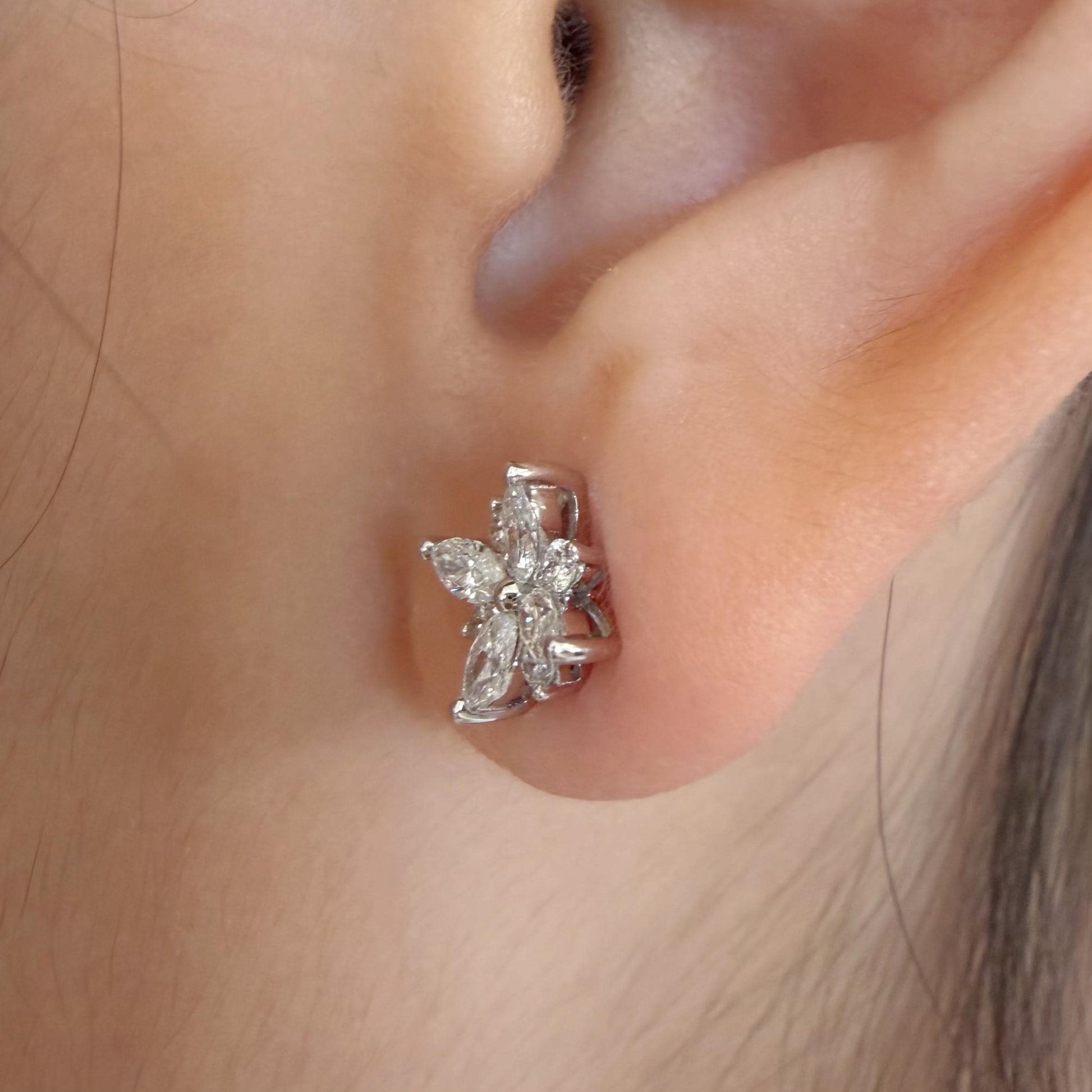 18K White Gold Natural Diamond Flower Stud Earrings | Marquise Cluster Diamond Studs | Floral Fine Jewelry Gift for Her