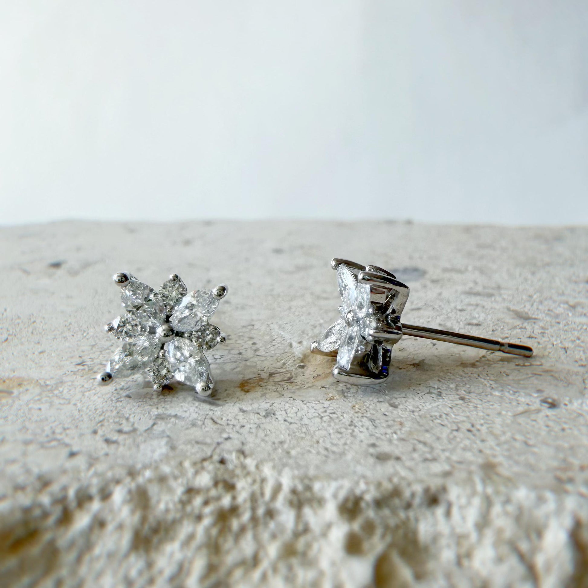 18K White Gold Natural Diamond Flower Stud Earrings | Marquise Cluster Diamond Studs | Floral Fine Jewelry Gift for Her