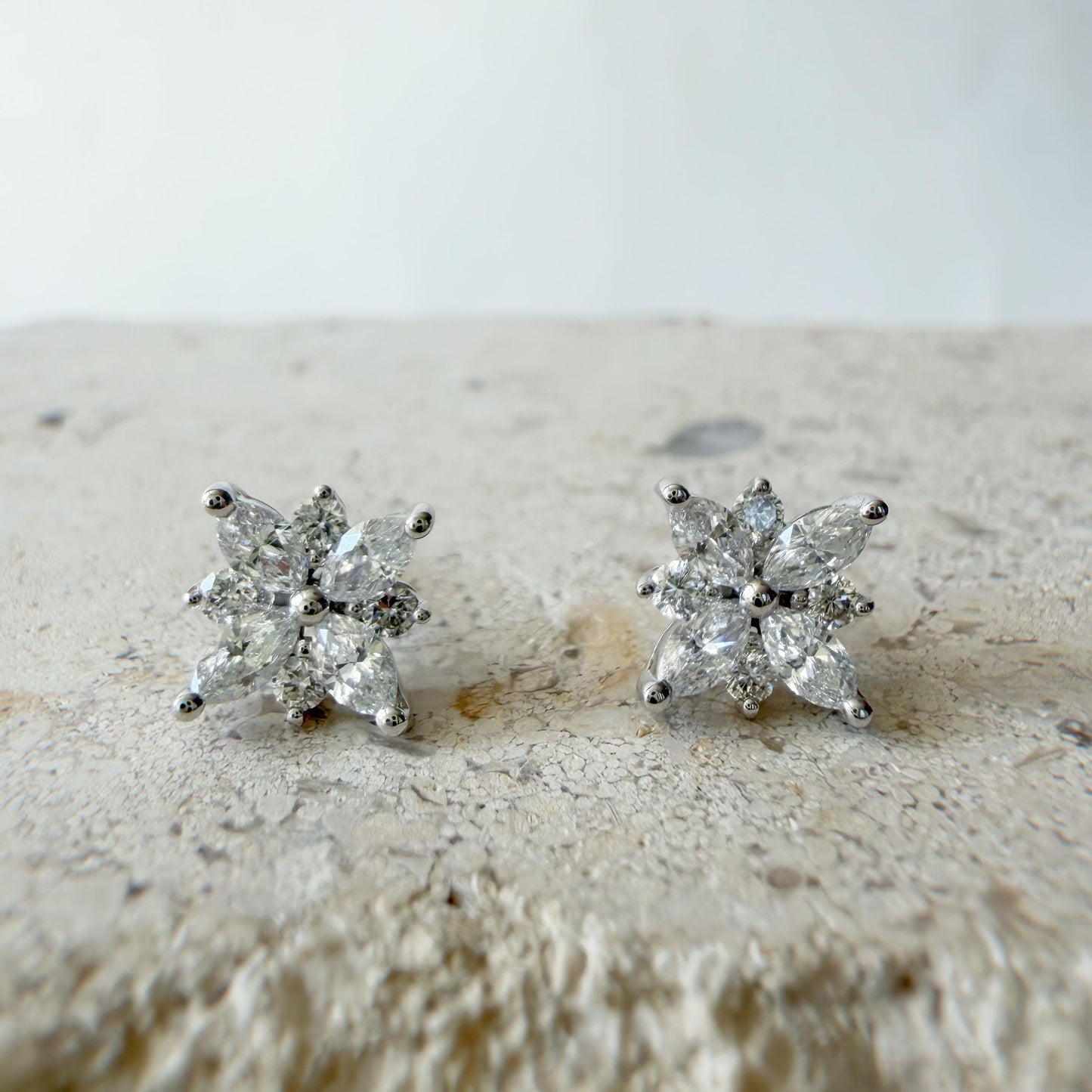 18K White Gold Natural Diamond Flower Stud Earrings | Marquise Cluster Diamond Studs | Floral Fine Jewelry Gift for Her