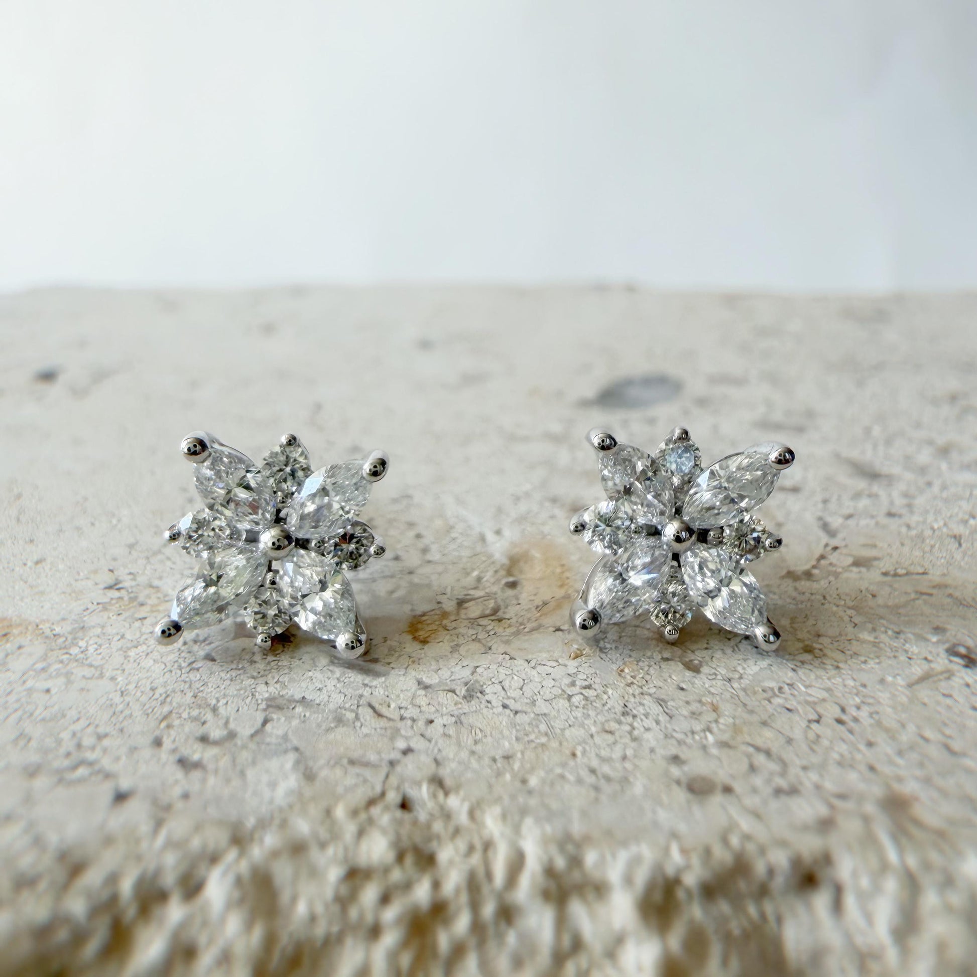 18K White Gold Natural Diamond Flower Stud Earrings | Marquise Cluster Diamond Studs | Floral Fine Jewelry Gift for Her