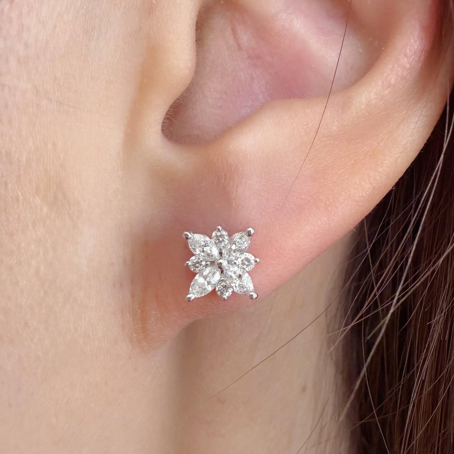 18K White Gold Natural Diamond Flower Stud Earrings | Marquise Cluster Diamond Studs | Floral Fine Jewelry Gift for Her
