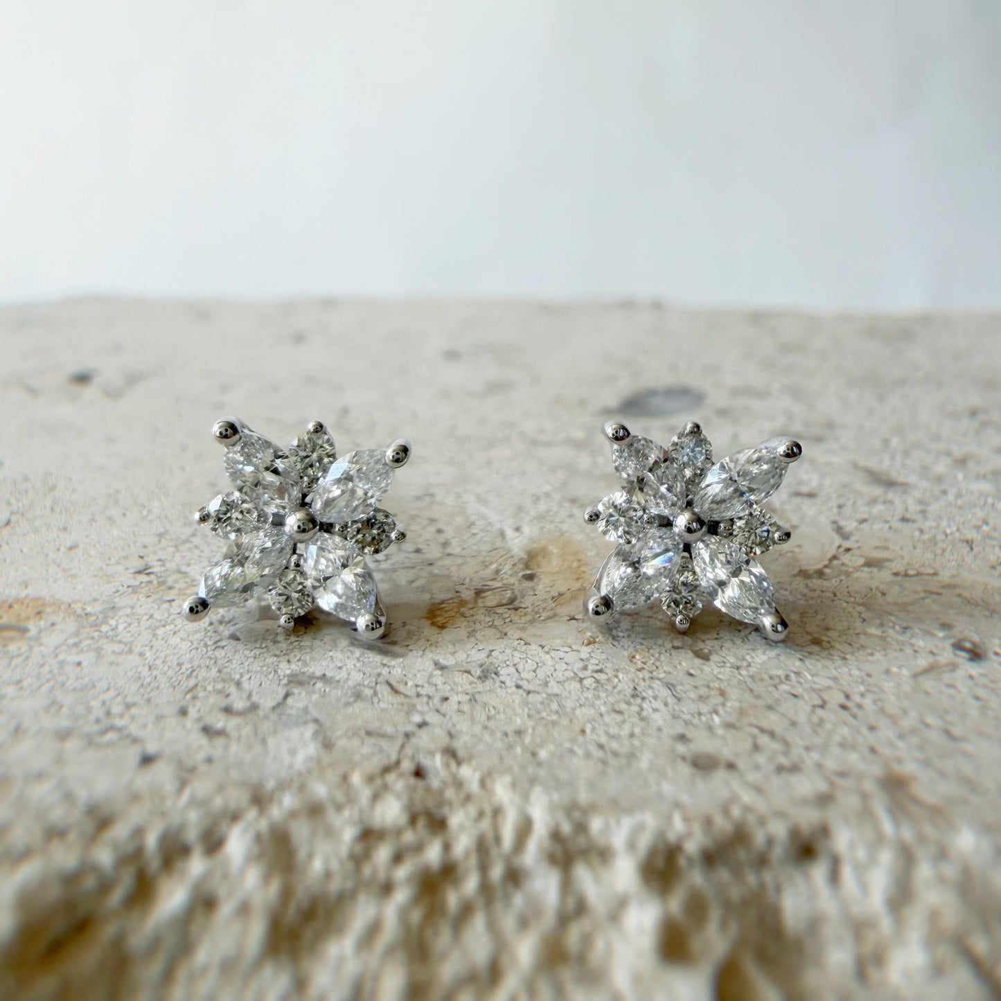 18K White Gold Natural Diamond Flower Stud Earrings | Marquise Cluster Diamond Studs | Floral Fine Jewelry Gift for Her