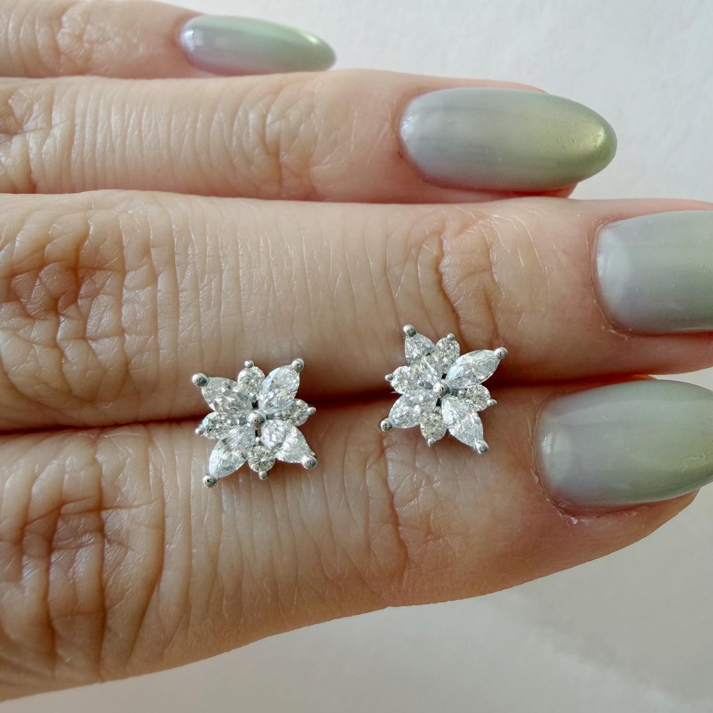 18K White Gold Natural Diamond Flower Stud Earrings | Marquise Cluster Diamond Studs | Floral Fine Jewelry Gift for Her