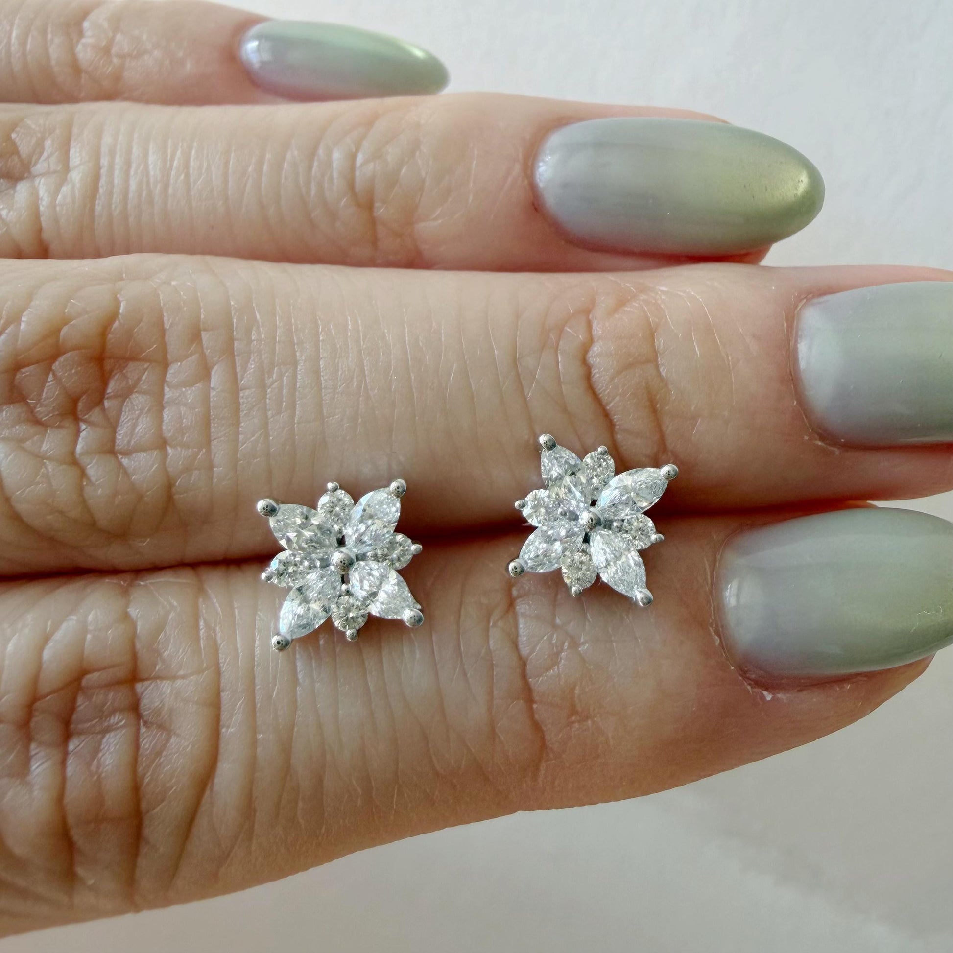 18K White Gold Natural Diamond Flower Stud Earrings | Marquise Cluster Diamond Studs | Floral Fine Jewelry Gift for Her