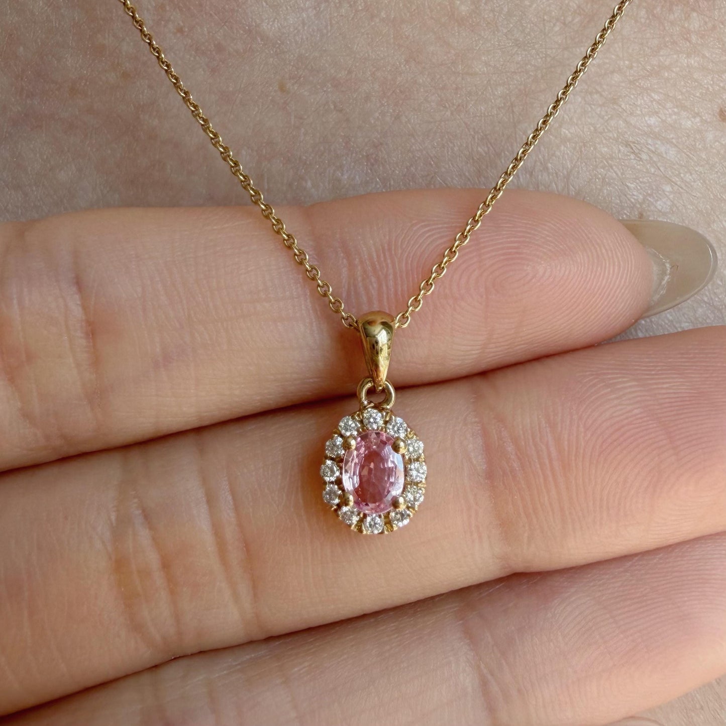 14K Solid Gold Genuine Diamond and Pink Sapphire Halo Pendant
