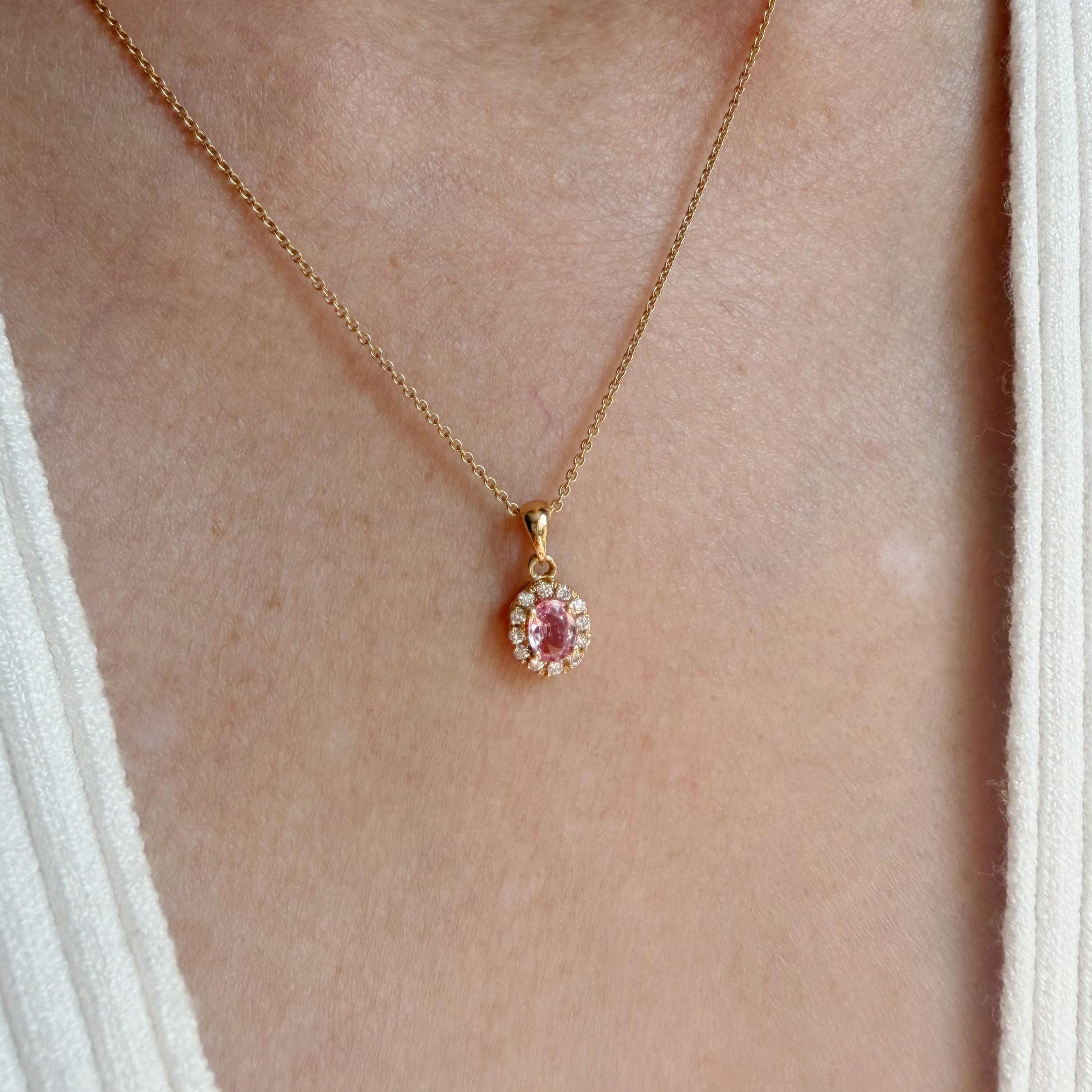 14K Solid Gold Genuine Diamond and Pink Sapphire Halo Pendant