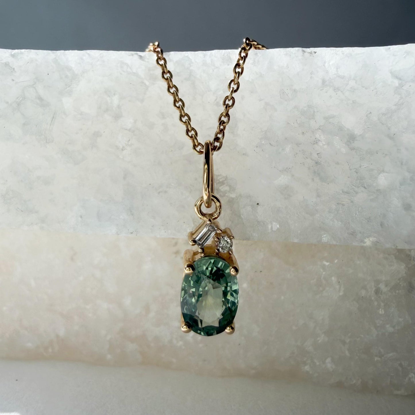 14K Solid Gold Diamond and Oval Green Sapphire Pendant