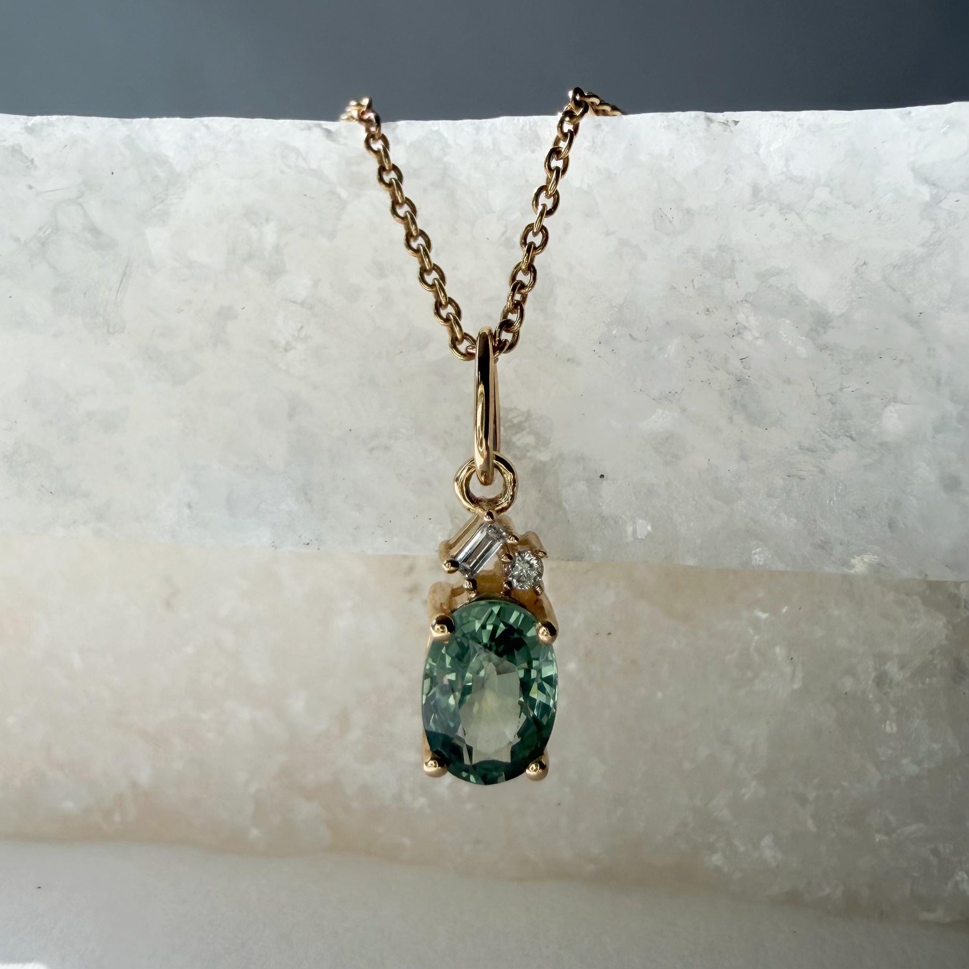 14K Solid Gold Diamond and Oval Green Sapphire Pendant