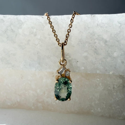 14K Solid Gold Diamond and Oval Green Sapphire Pendant