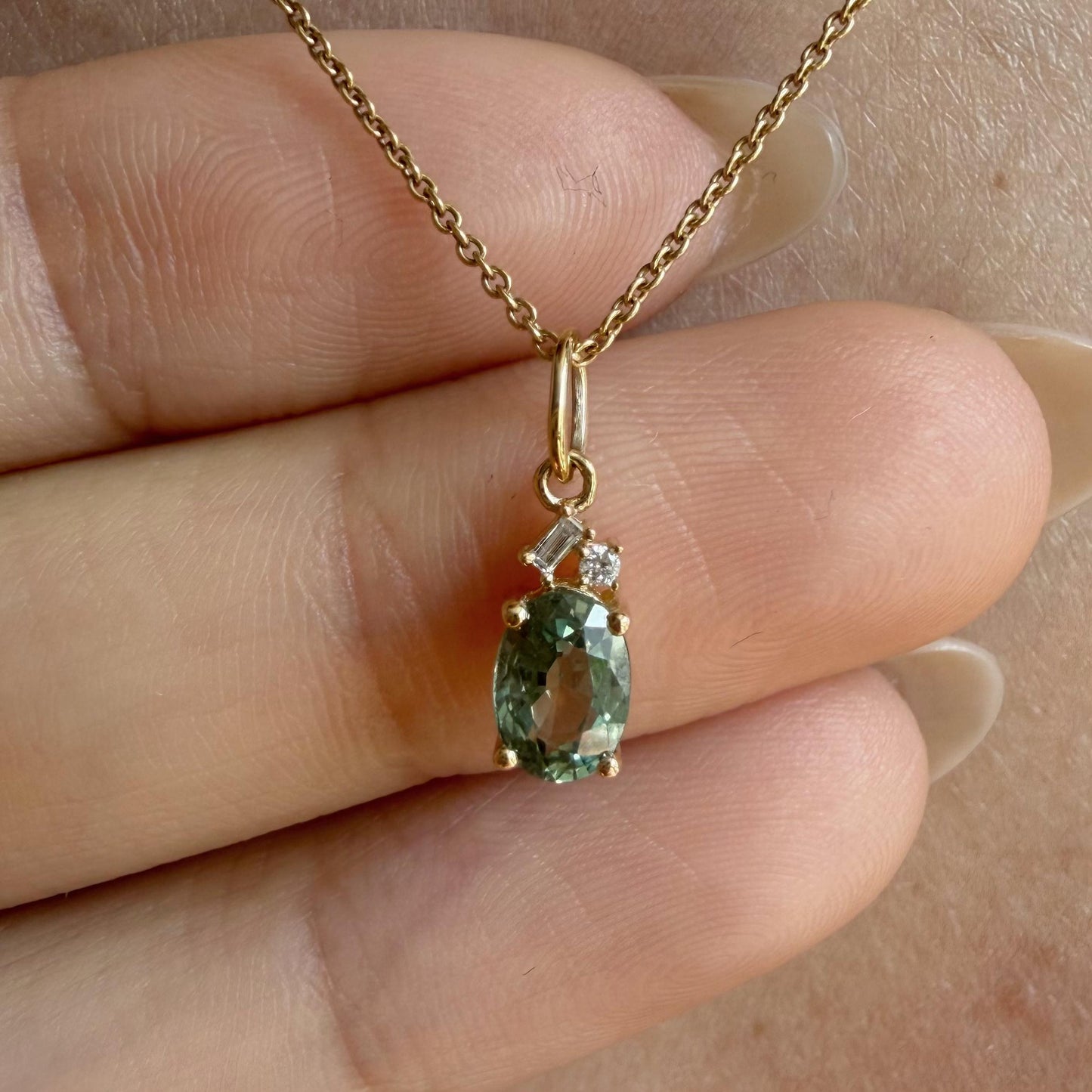 14K Solid Gold Diamond and Oval Green Sapphire Pendant