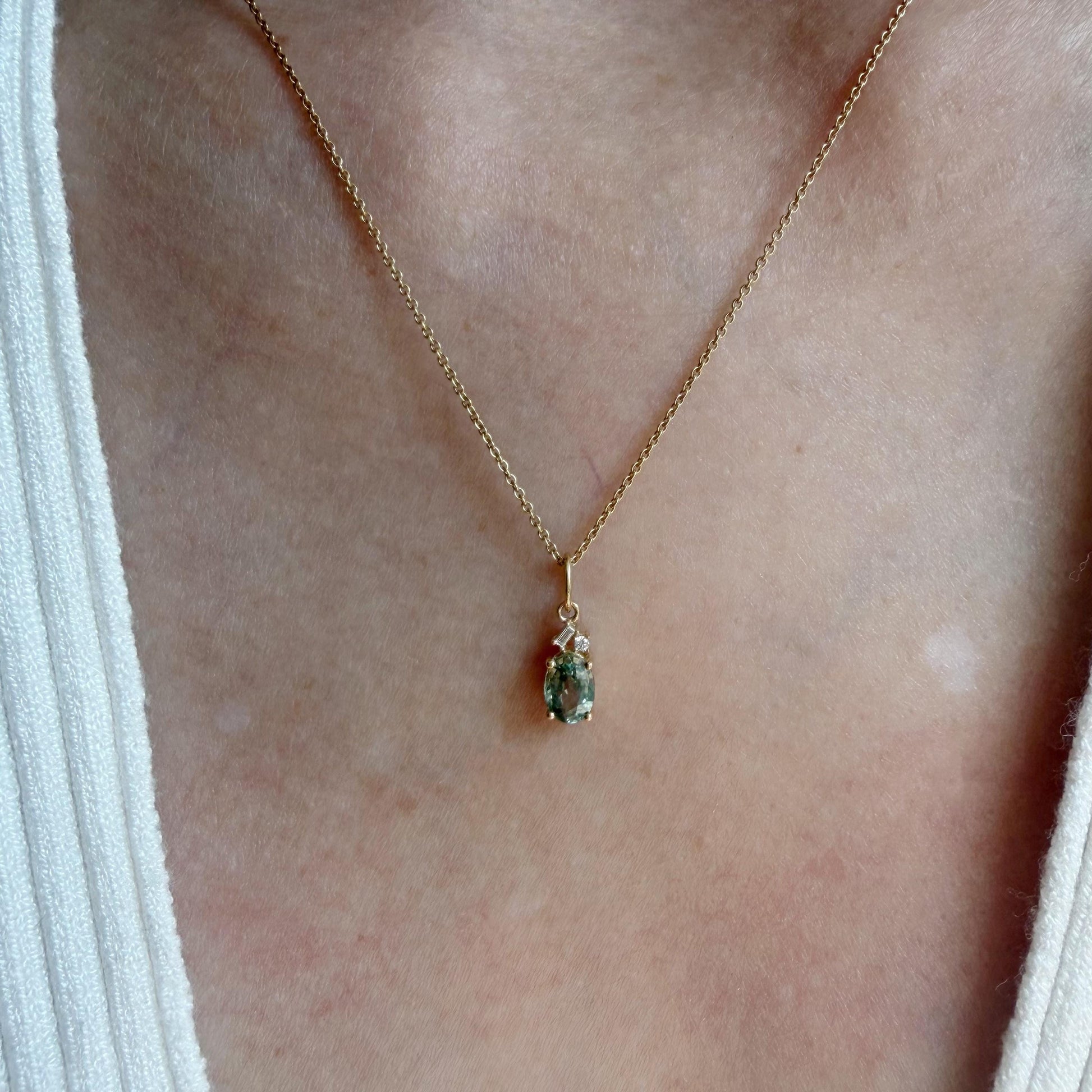 14K Solid Gold Diamond and Oval Green Sapphire Pendant