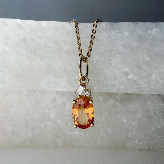 14K Solid Gold Diamond and Oval Orange Sapphire Pendant