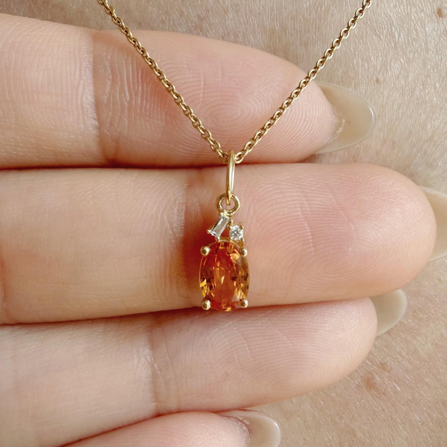 14K Solid Gold Diamond and Oval Orange Sapphire Pendant