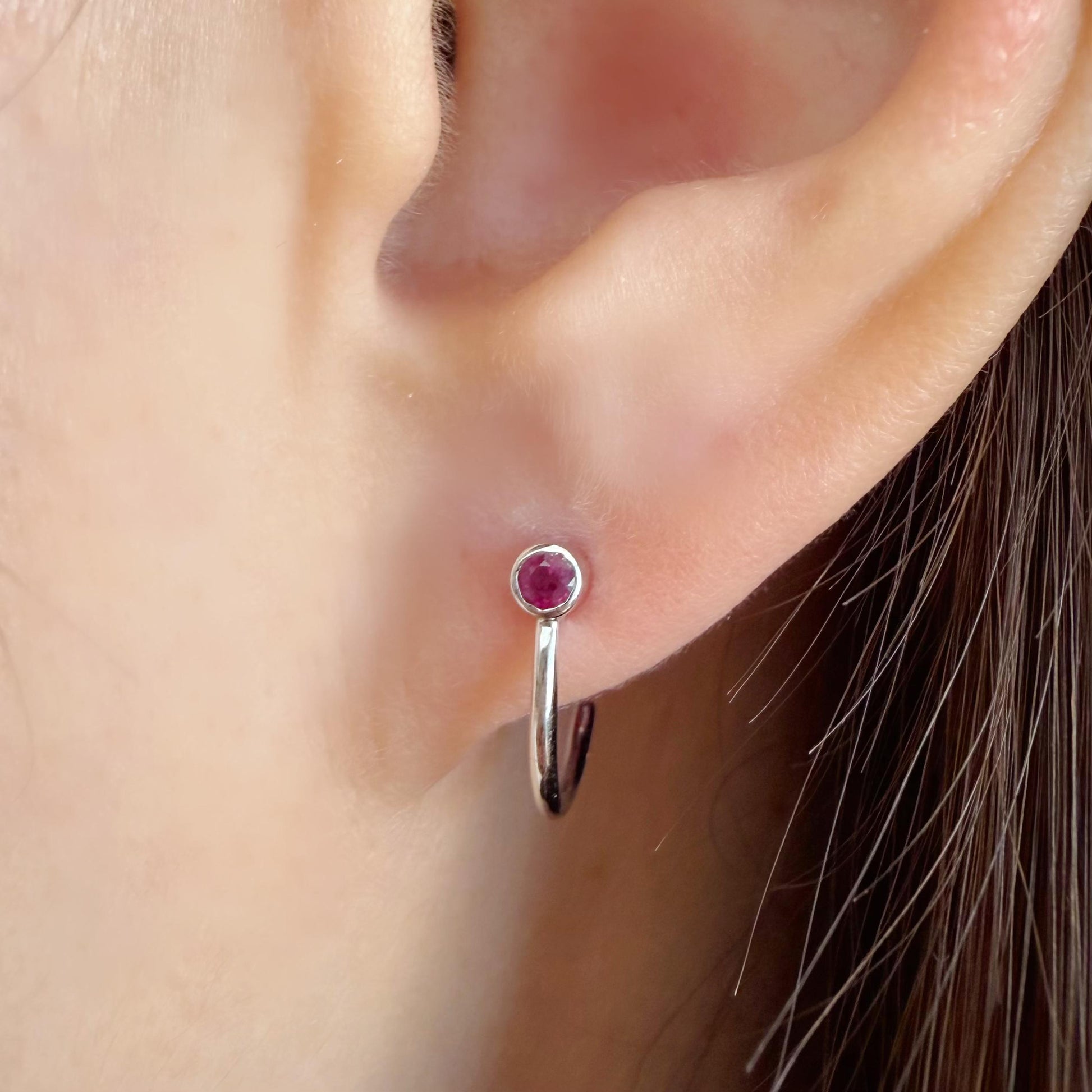 14K Solid White Gold 0.20 Carat Ruby Huggie Earrings
