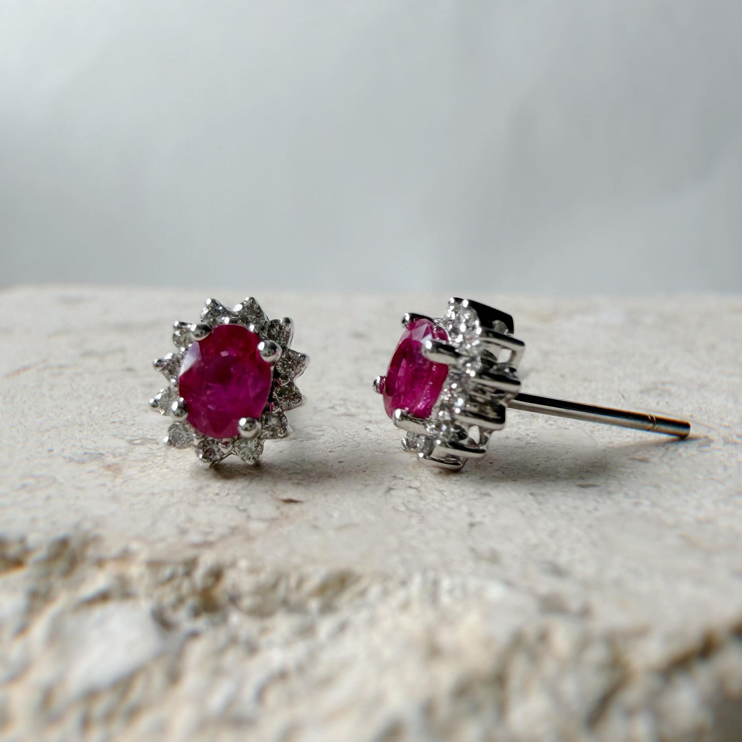 Natural Ruby & Diamond Stud Earrings 14K White Gold | Burmese Ruby Halo Studs | July Birthstone Gift | Fine Jewelry