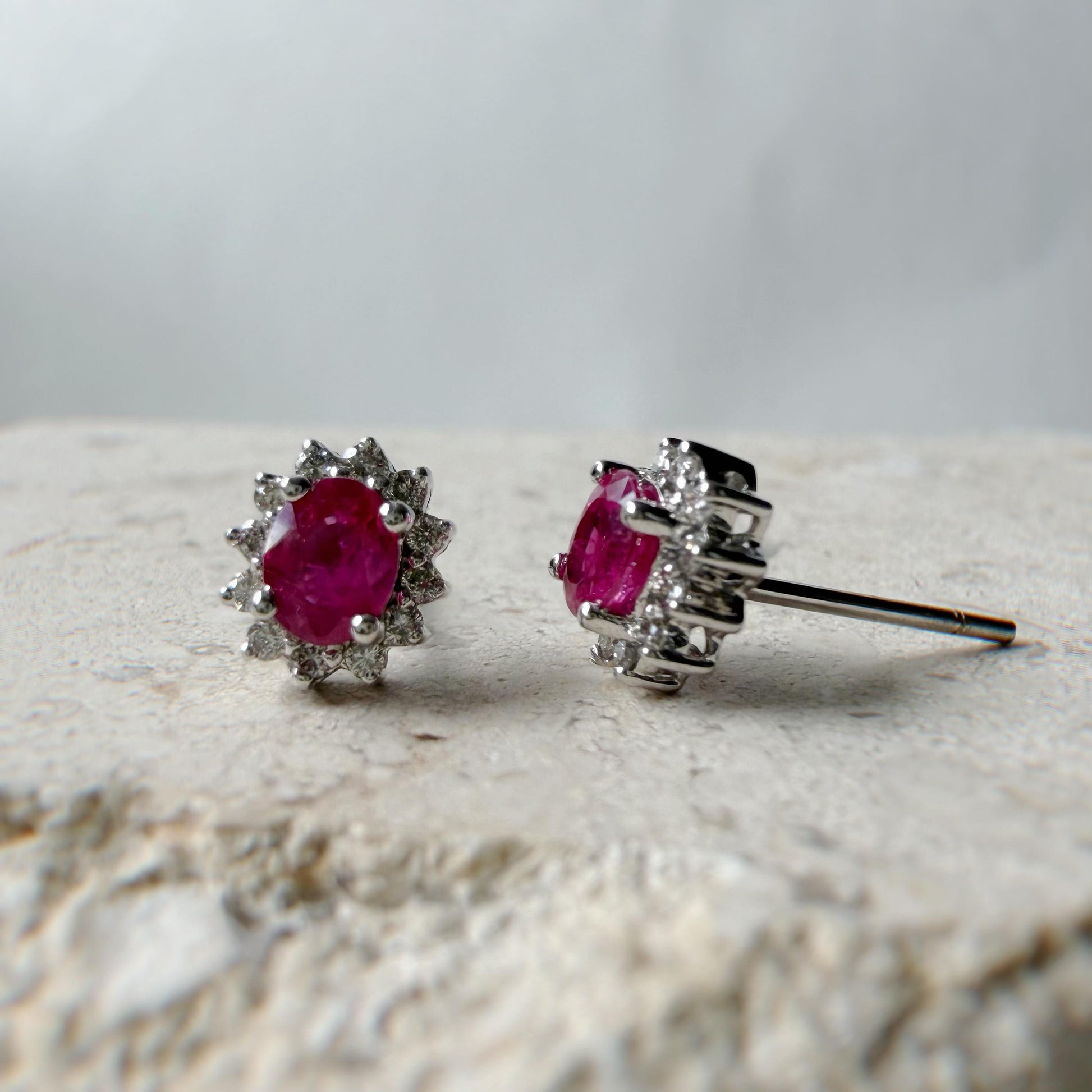 Natural Ruby & Diamond Stud Earrings 14K White Gold | Burmese Ruby Halo Studs | July Birthstone Gift | Fine Jewelry