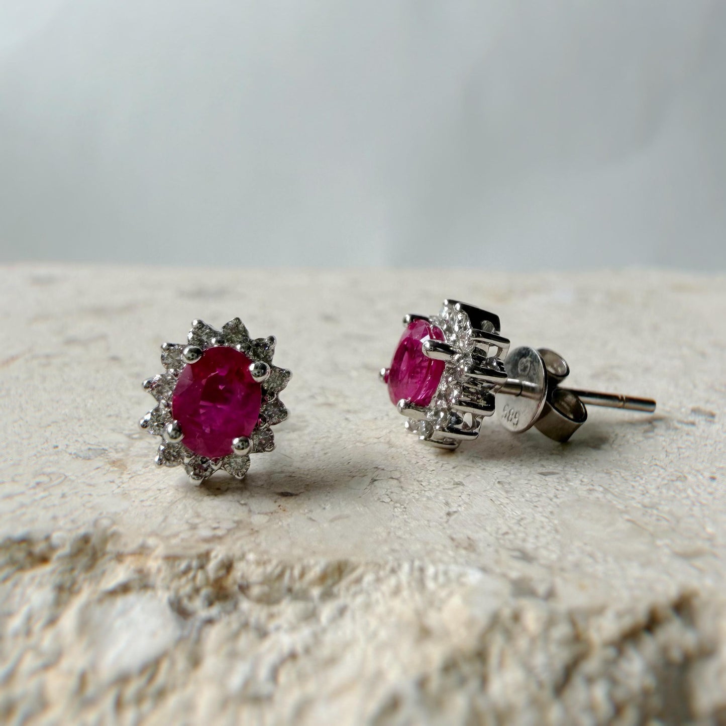 Natural Ruby & Diamond Stud Earrings 14K White Gold | Burmese Ruby Halo Studs | July Birthstone Gift | Fine Jewelry