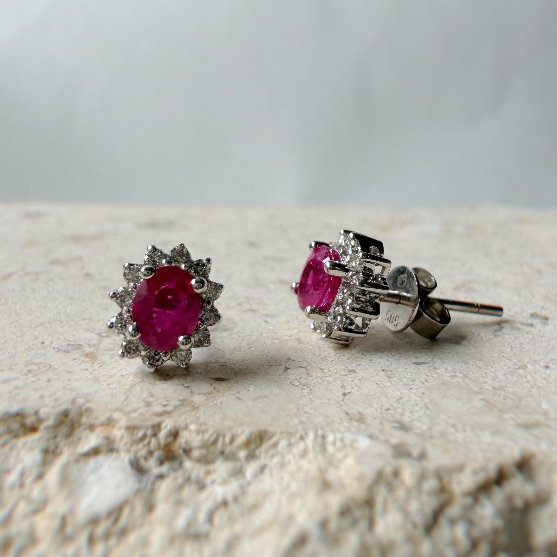 Natural Ruby & Diamond Stud Earrings 14K White Gold | Burmese Ruby Halo Studs | July Birthstone Gift | Fine Jewelry