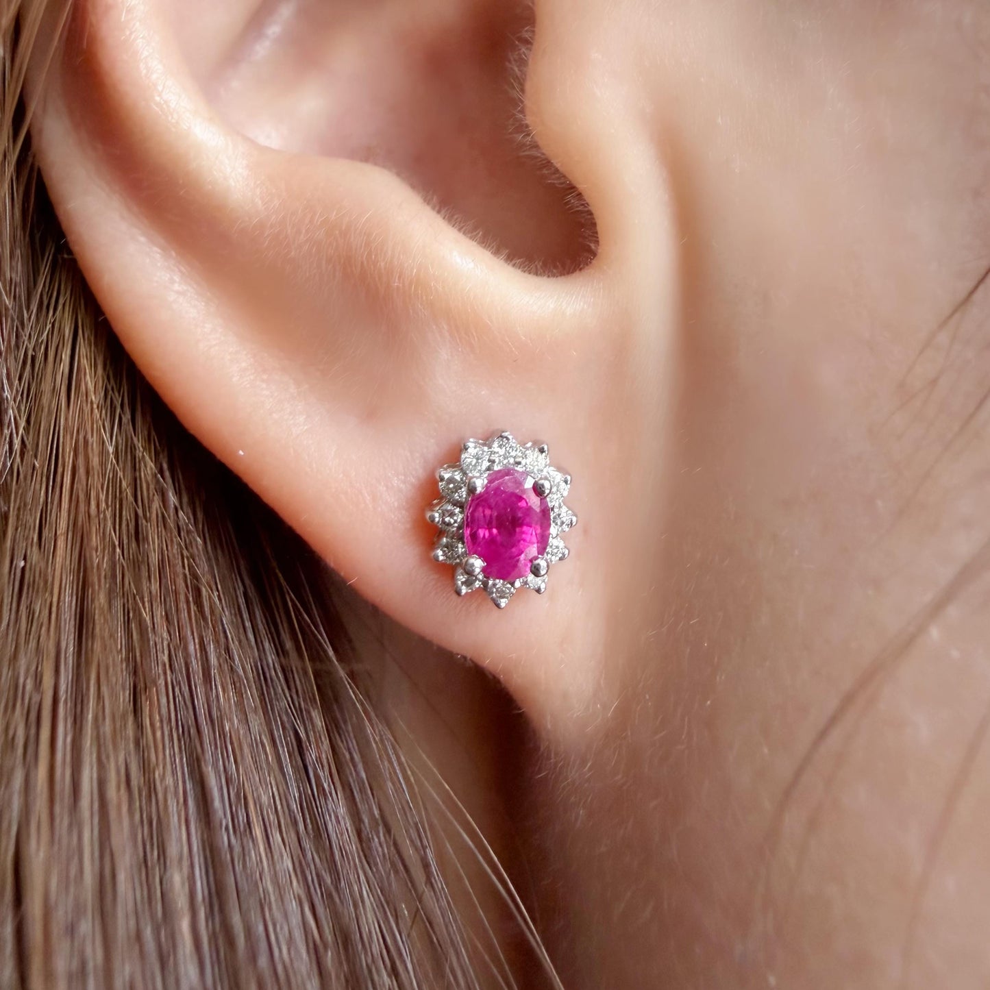 Natural Ruby & Diamond Stud Earrings 14K White Gold | Burmese Ruby Halo Studs | July Birthstone Gift | Fine Jewelry
