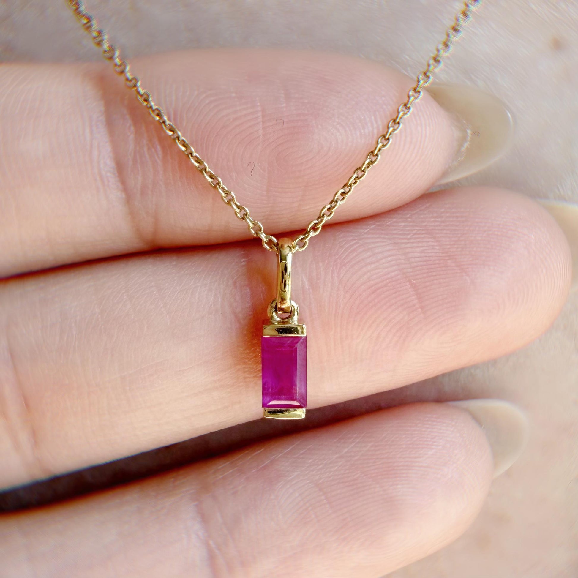 14K Gold Ruby Pendant Necklace, Genuine Ruby Baguette Necklace, July Birthstone Jewelry, Dainty Gold Necklace, Minimalist Gemstone Pendant