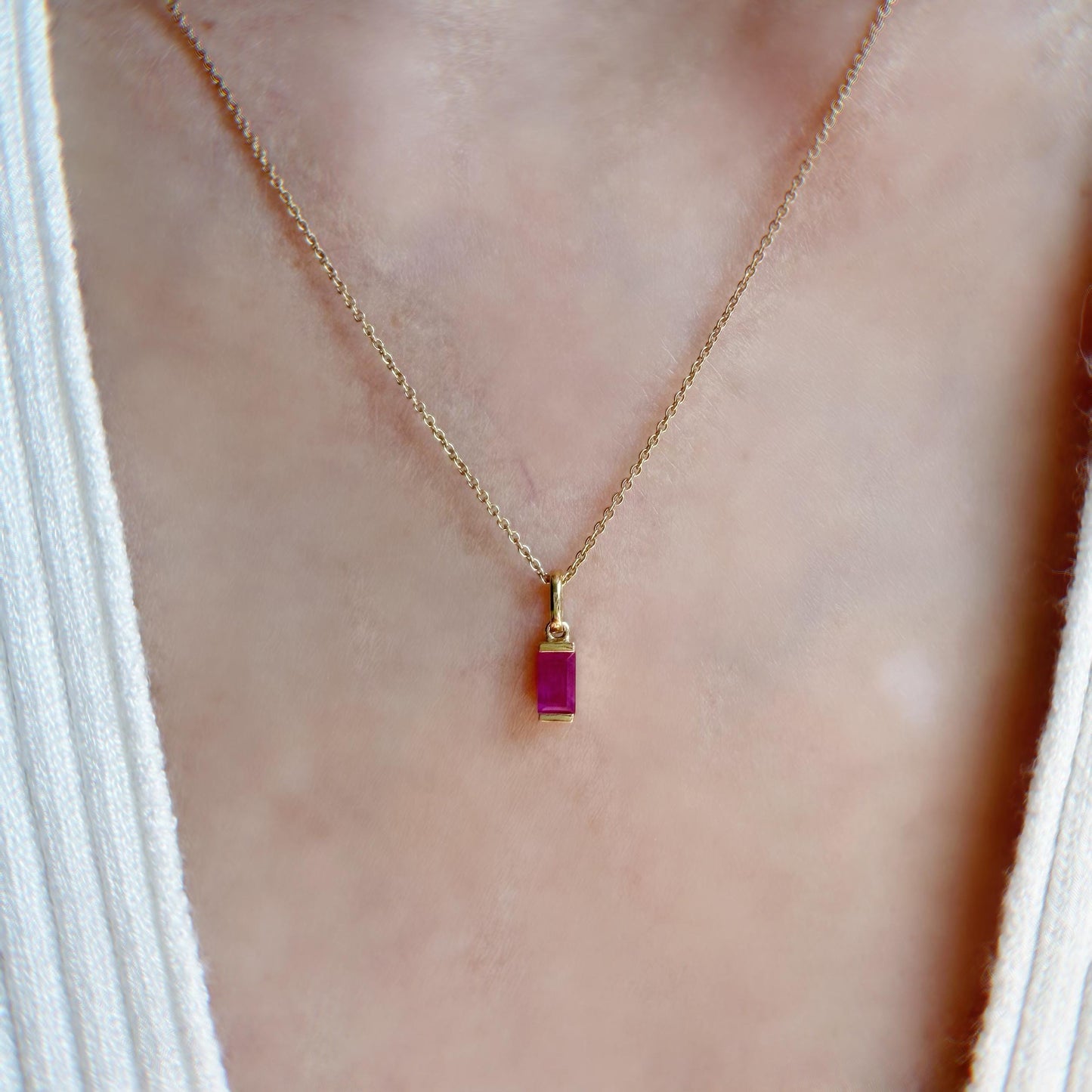 14K Gold Ruby Pendant Necklace, Genuine Ruby Baguette Necklace, July Birthstone Jewelry, Dainty Gold Necklace, Minimalist Gemstone Pendant