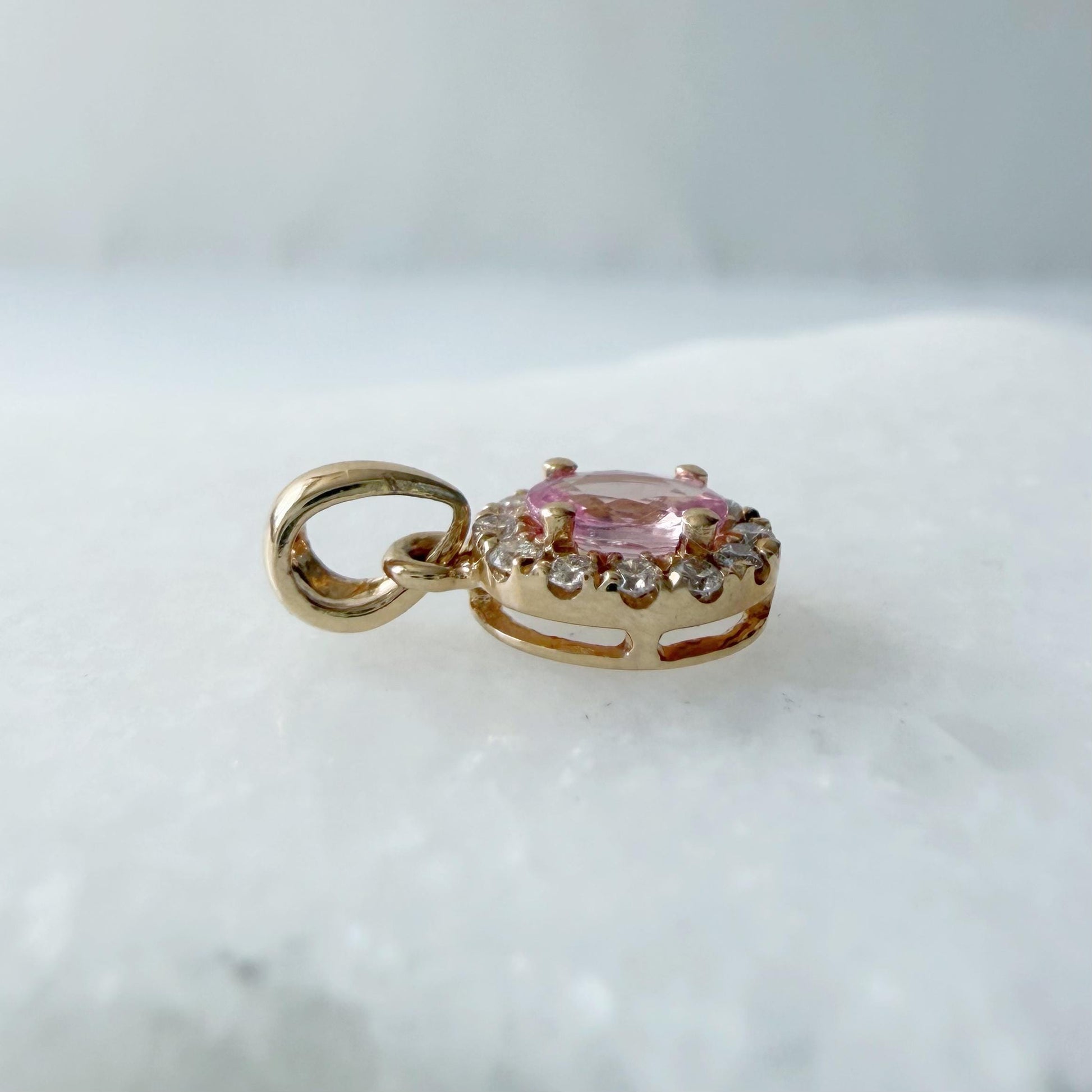14K Solid Gold Genuine Diamond and Pink Sapphire Halo Pendant