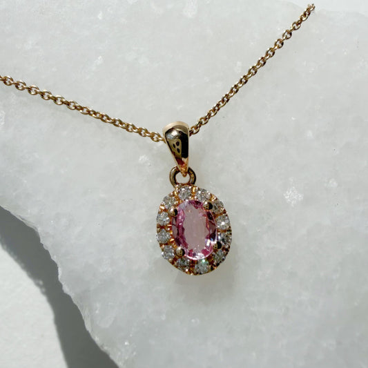 14K Solid Gold Genuine Diamond and Pink Sapphire Halo Pendant