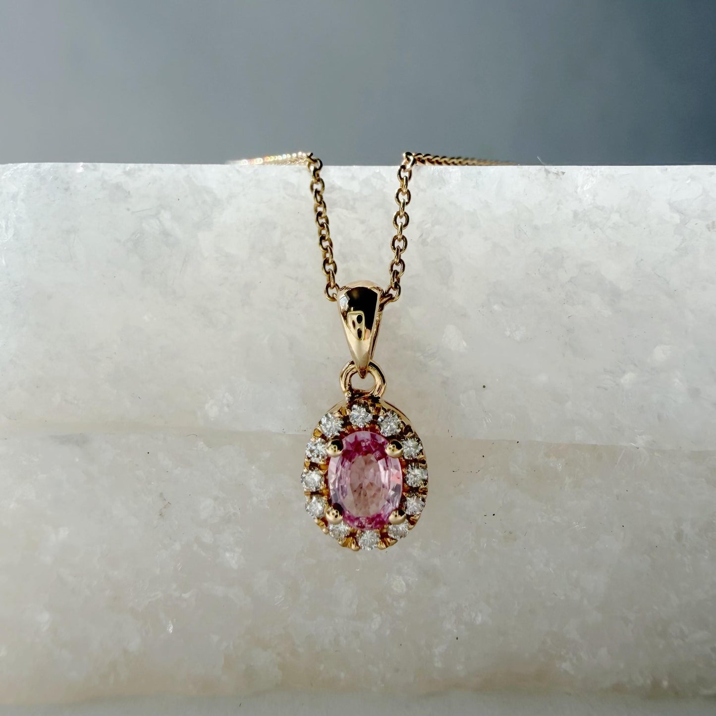 14K Solid Gold Genuine Diamond and Pink Sapphire Halo Pendant