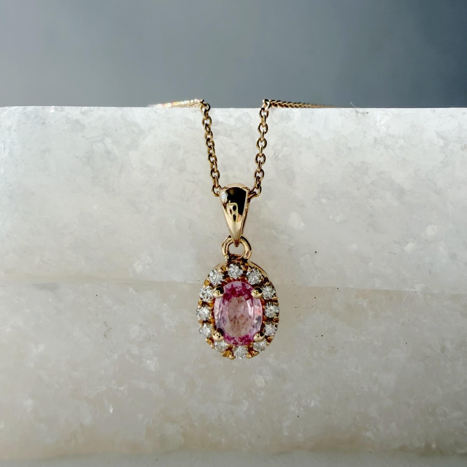 14K Solid Gold Genuine Diamond and Pink Sapphire Halo Pendant