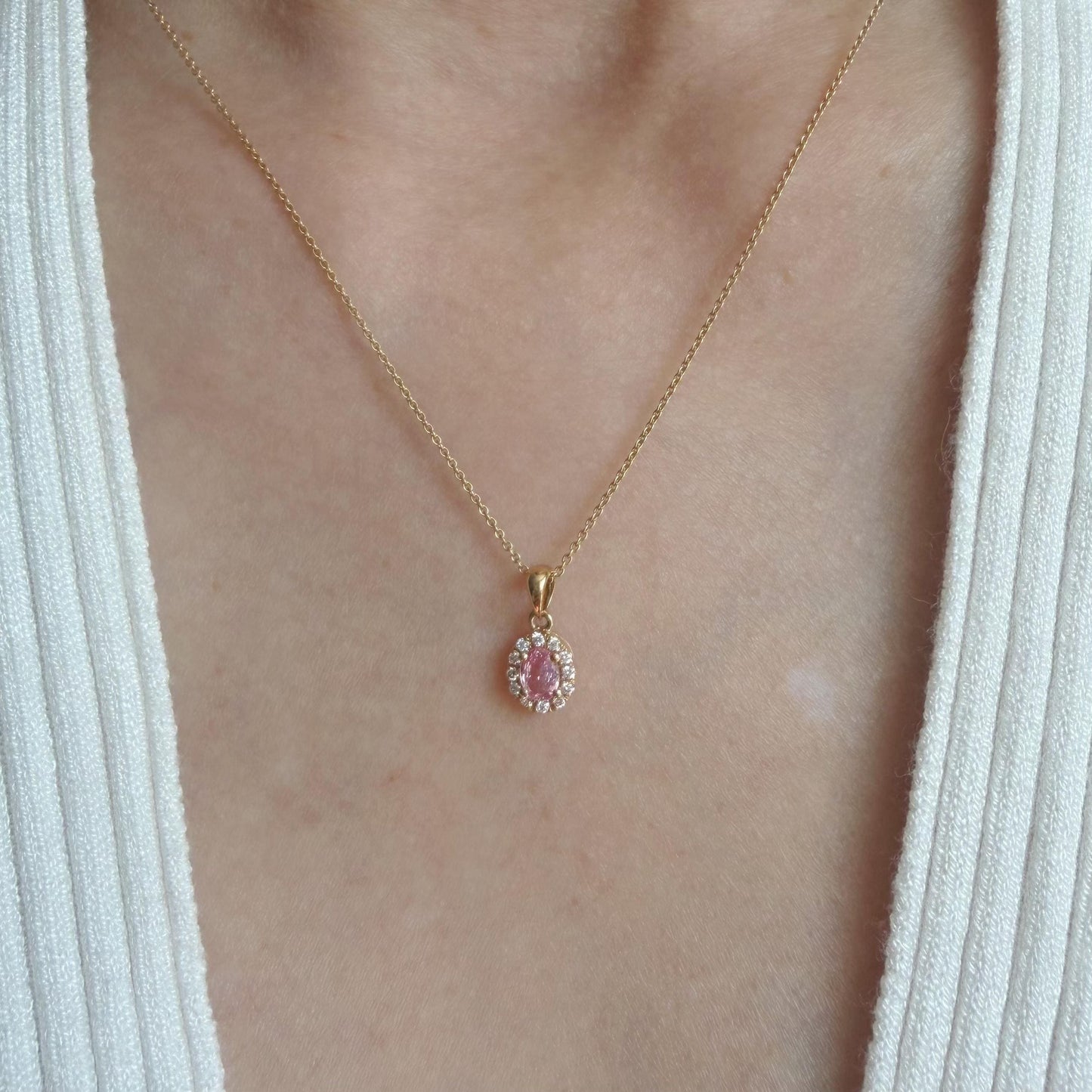 14K Solid Gold Genuine Diamond and Pink Sapphire Halo Pendant