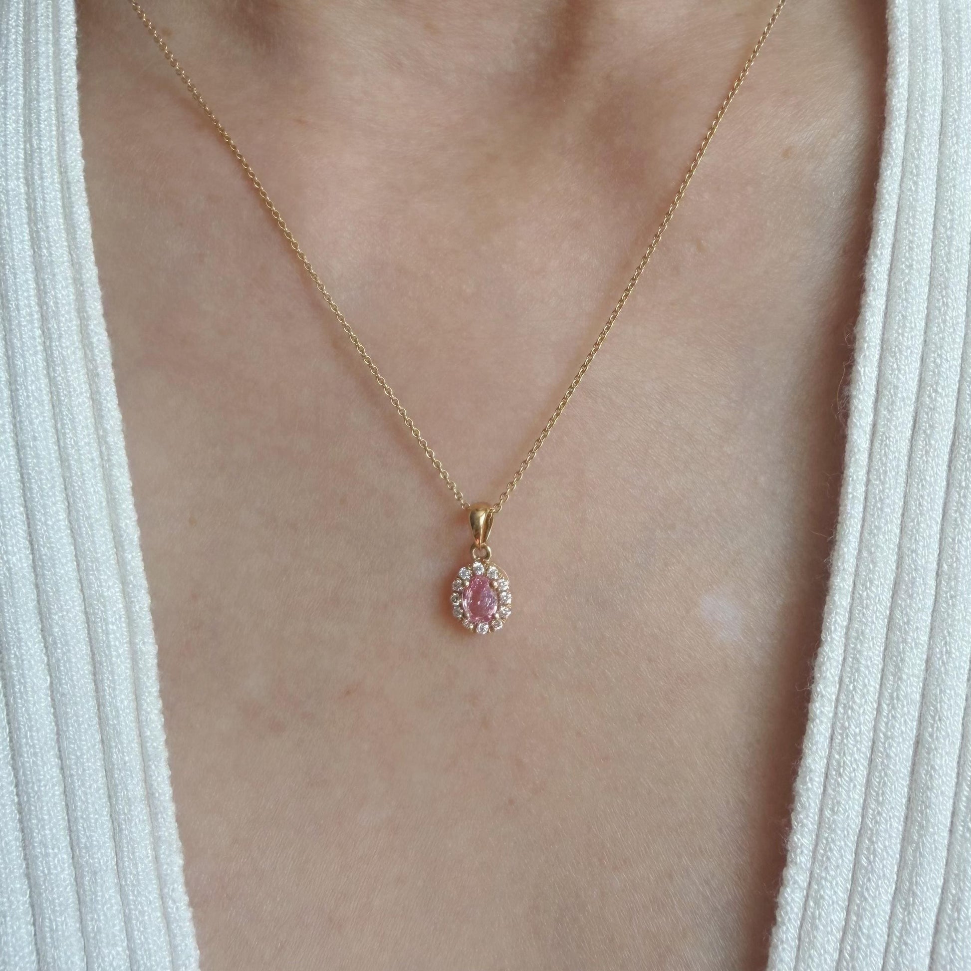 14K Solid Gold Genuine Diamond and Pink Sapphire Halo Pendant