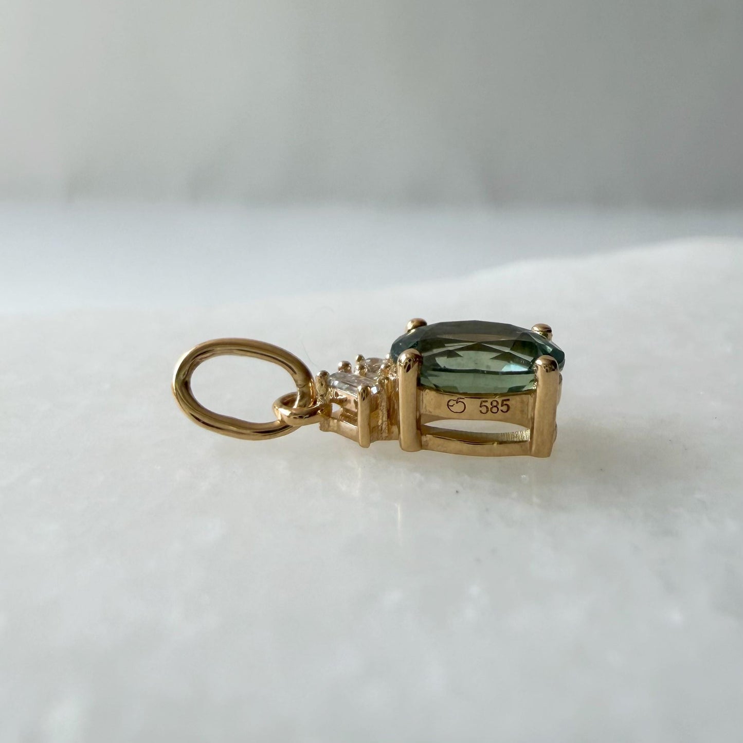 14K Solid Gold Diamond and Oval Green Sapphire Pendant