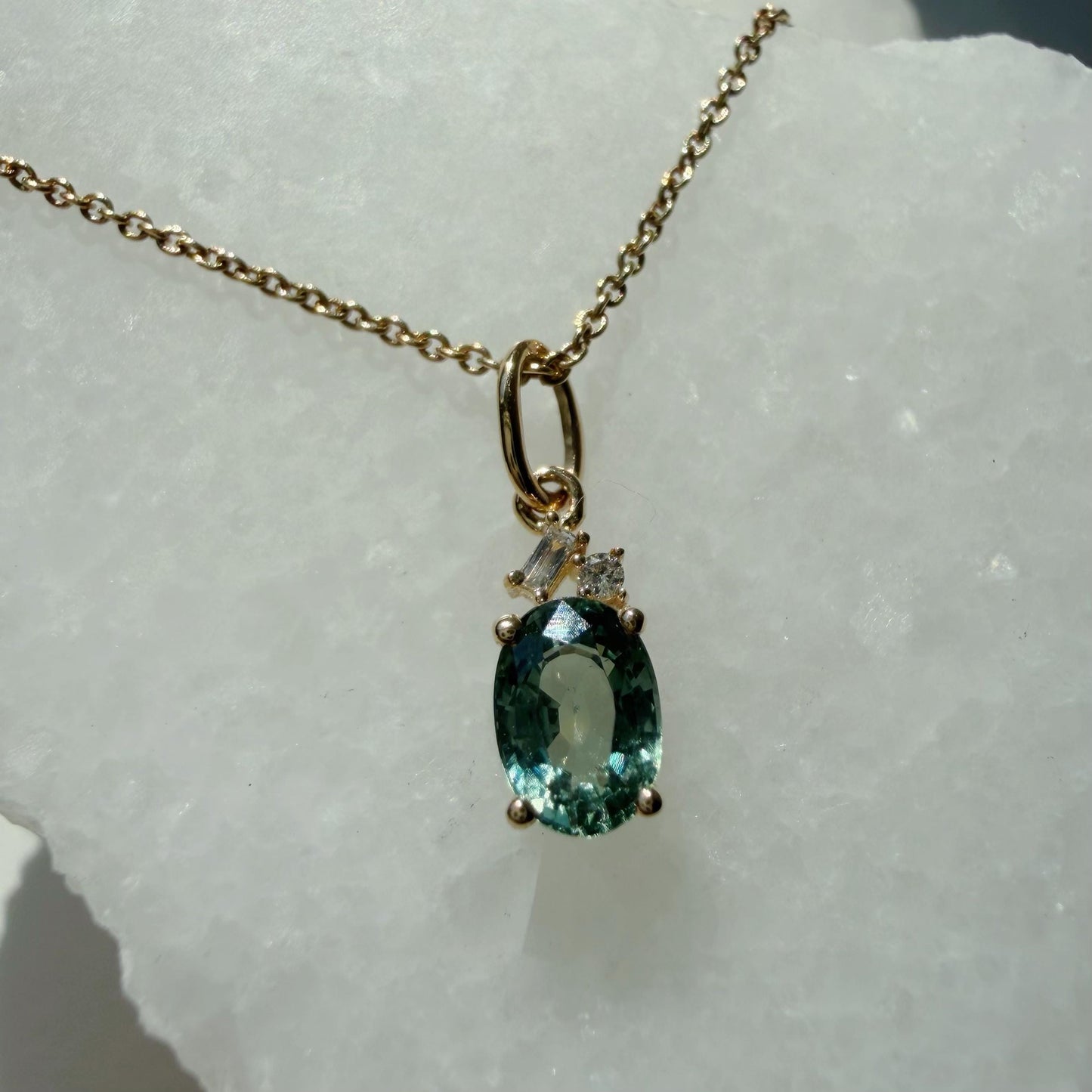 14K Solid Gold Diamond and Oval Green Sapphire Pendant