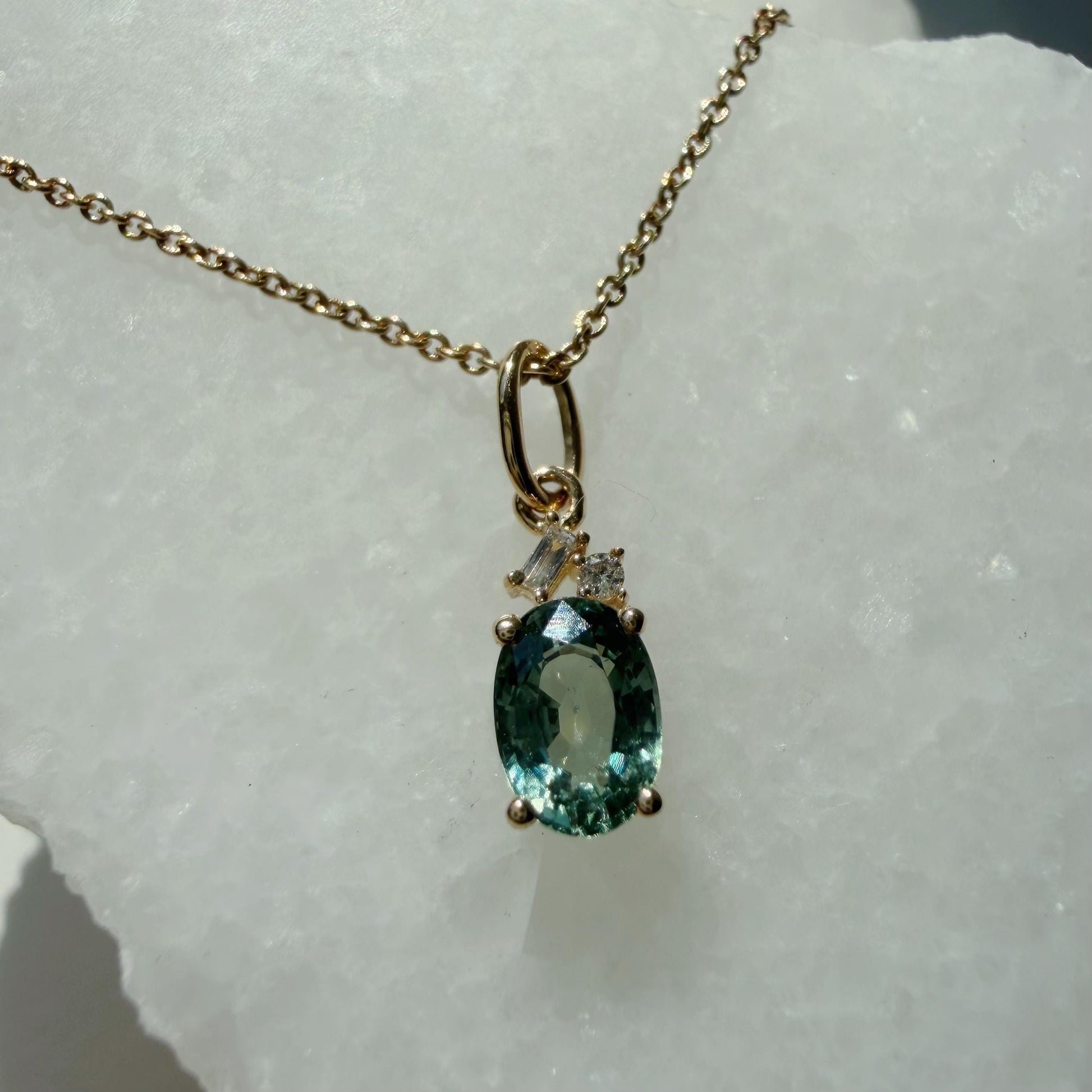 14K Solid Gold Diamond and Oval Green Sapphire Pendant