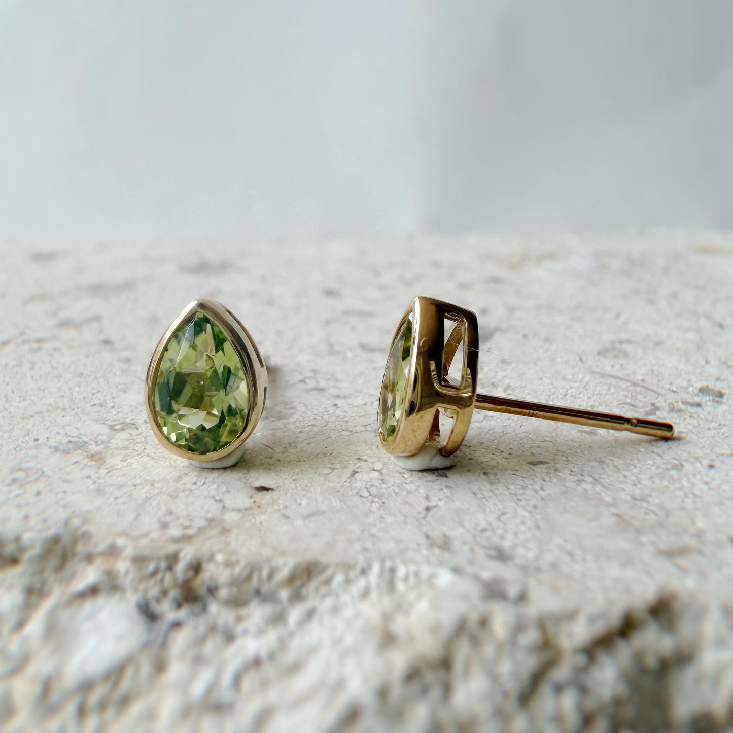 14K Solid Gold Genuine Teardrop Peridot Bezel Studs/Pair