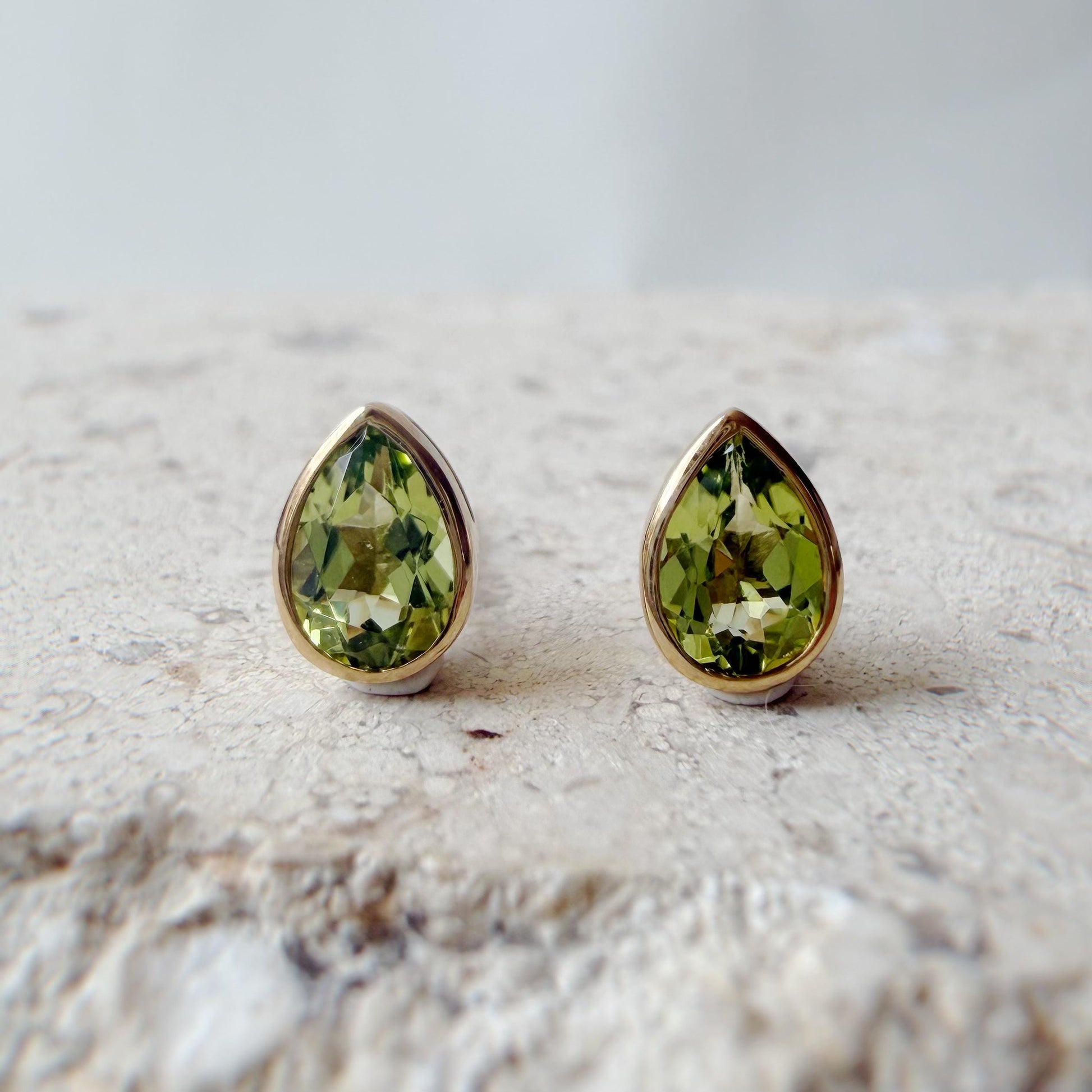 14K Solid Gold Genuine Teardrop Peridot Bezel Studs/Pair