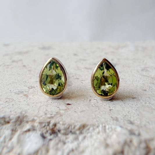 14K Solid Gold Genuine Teardrop Peridot Bezel Studs/Pair