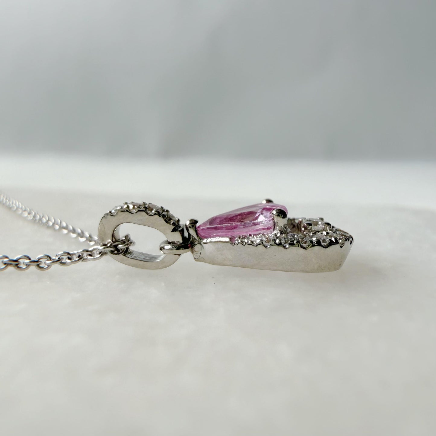 18K Solid Gold Genuine Diamond and Teardrop/Pear Pink Sapphire Pendant