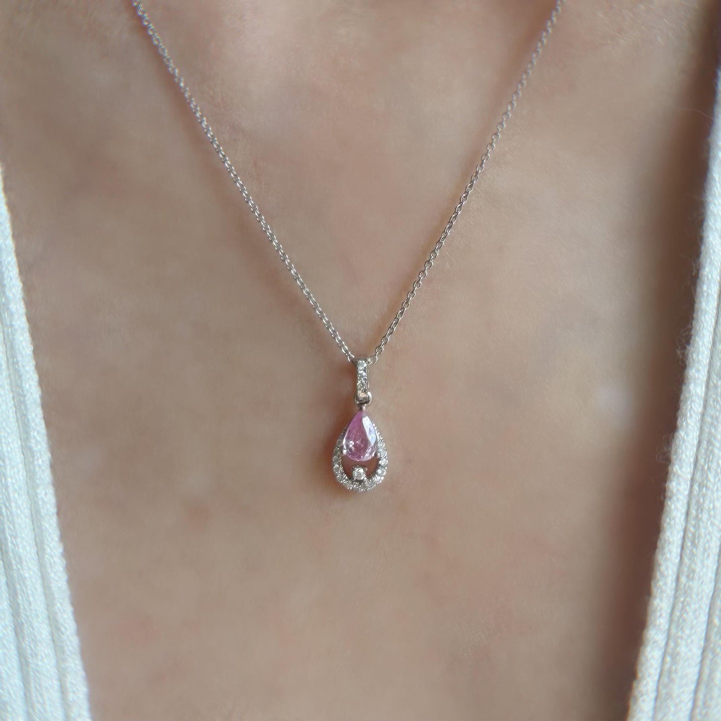 18K Solid Gold Genuine Diamond and Teardrop/Pear Pink Sapphire Pendant