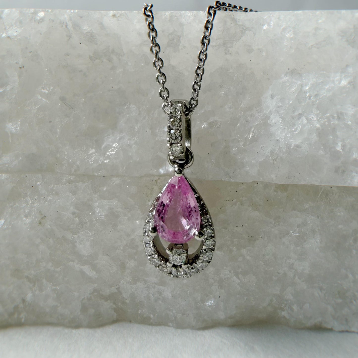 18K Solid Gold Genuine Diamond and Teardrop/Pear Pink Sapphire Pendant