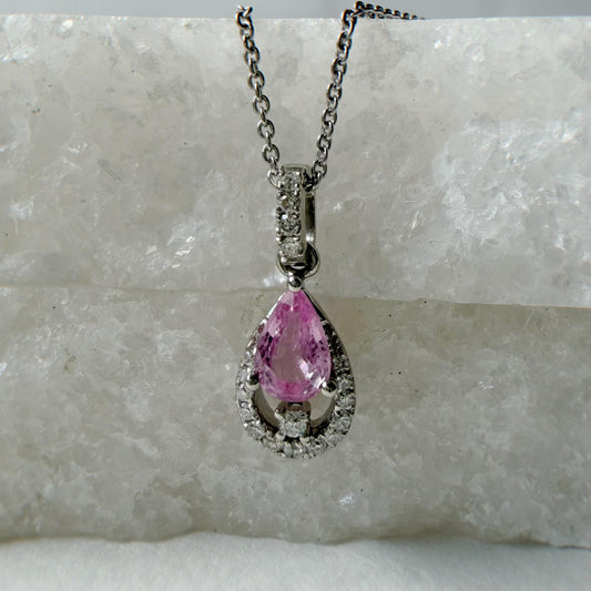 18K Solid Gold Genuine Diamond and Teardrop/Pear Pink Sapphire Pendant