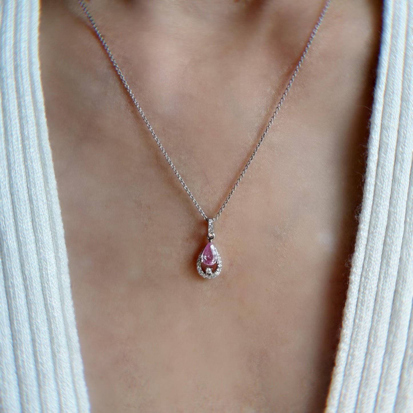 18K Solid Gold Genuine Diamond and Teardrop/Pear Pink Sapphire Pendant